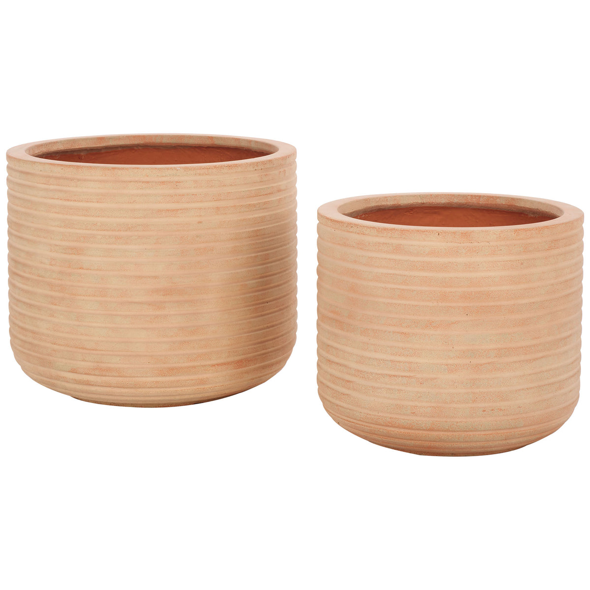 Two terracotta-colored planters combine softly rounded bases with closely spaced horizontal ribs || PAT1530D-SET2 || front_studio