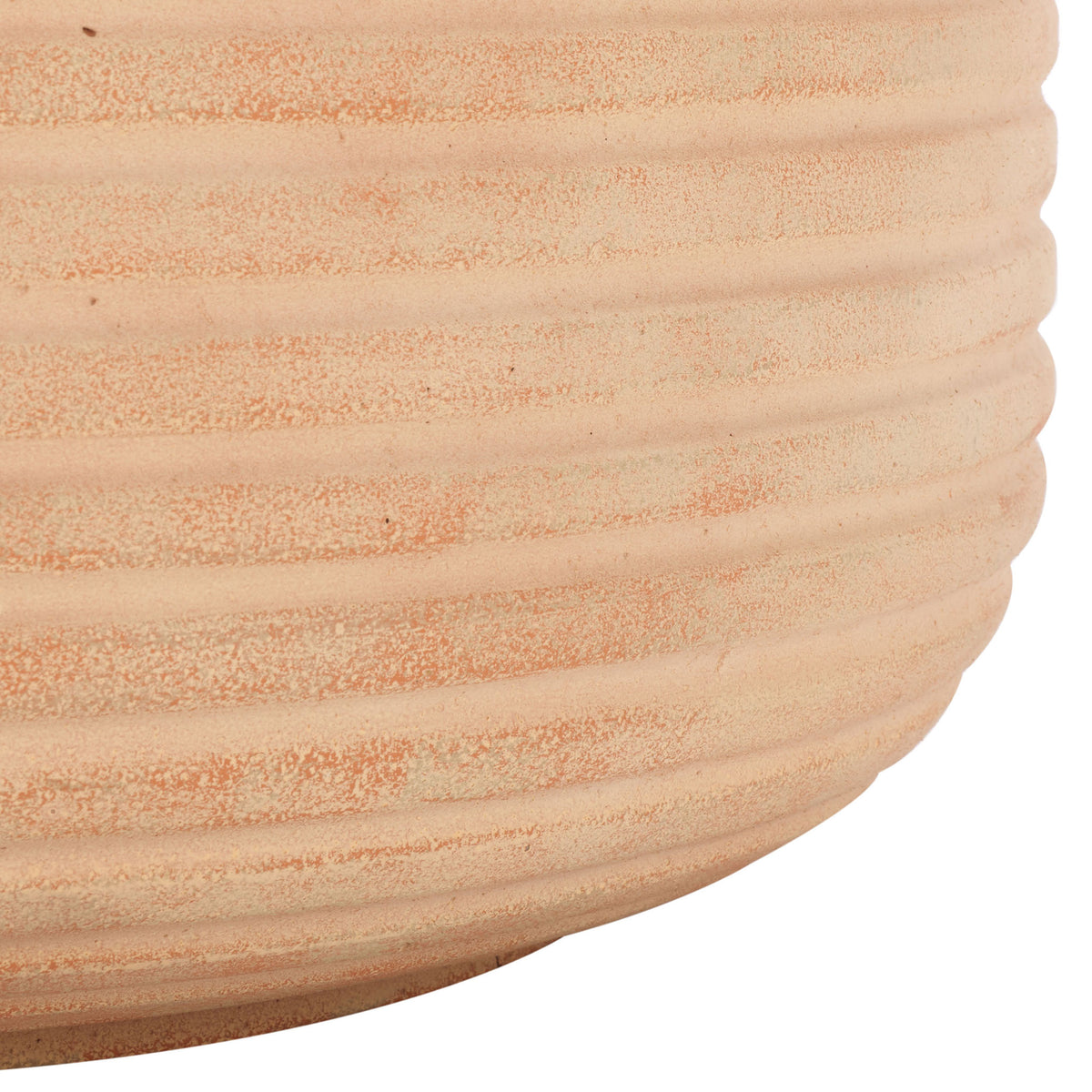 The terracotta planter tapers to a gently rounded base beneath its tactile ribbed exterior || PAT1530D-SET2 || leg_studio