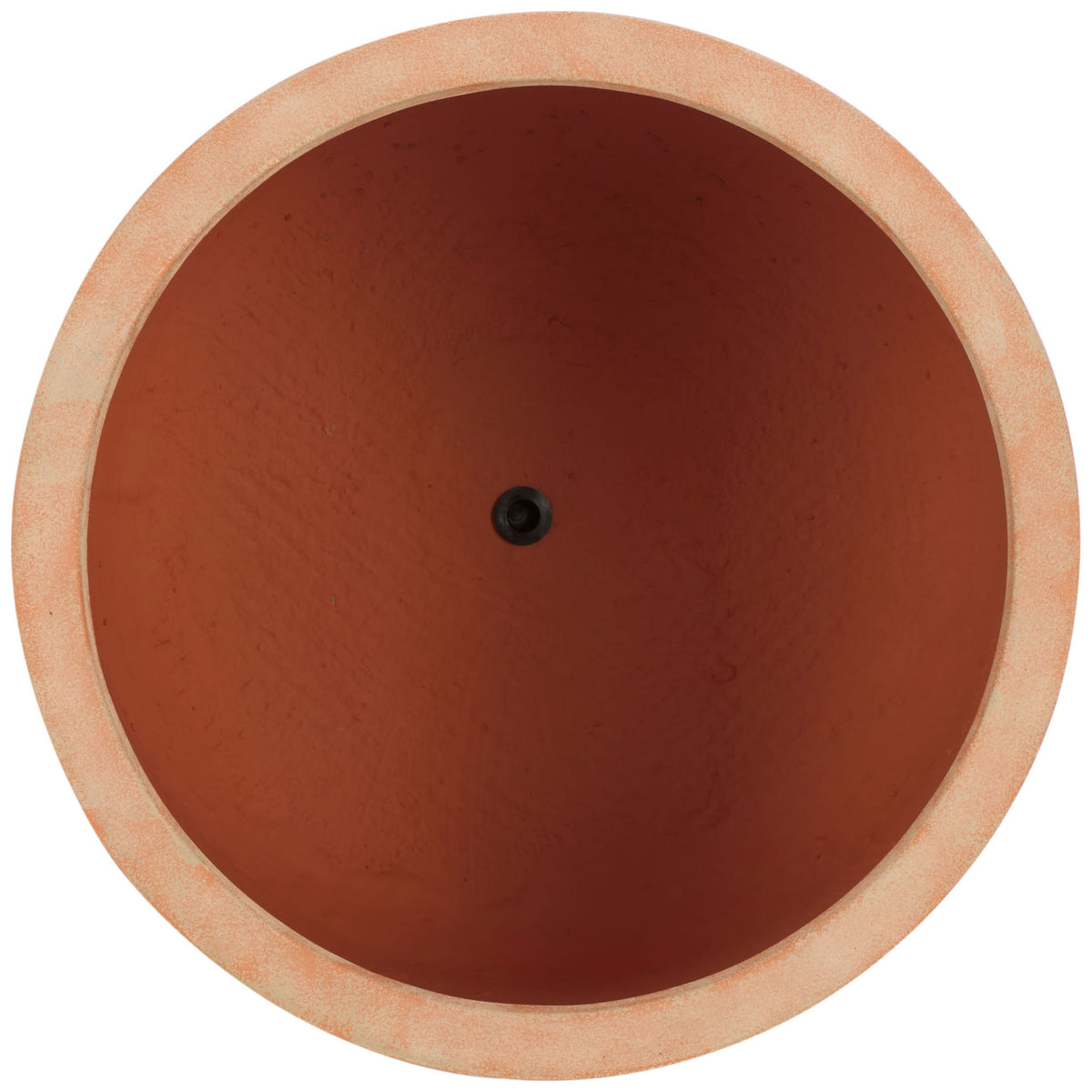 A broad terracotta rim encloses a deep, rust-colored interior with a central drainage opening || PAT1530D-SET2 || top_partial_studio