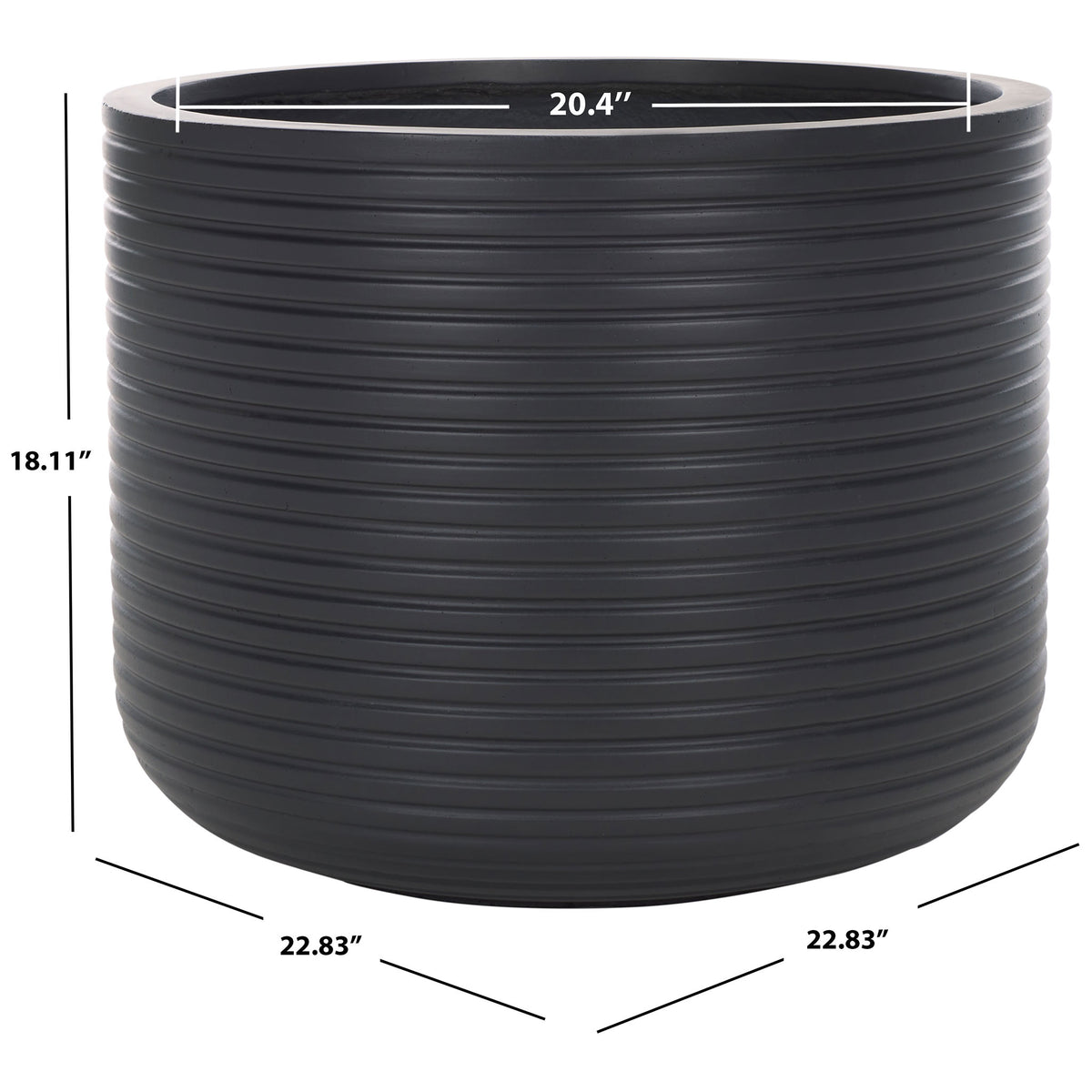 This black ribbed planter measures 22.83 inches wide and 18.11 inches tall, with a 20.4-inch opening || PAT1531A || dimension_studio
