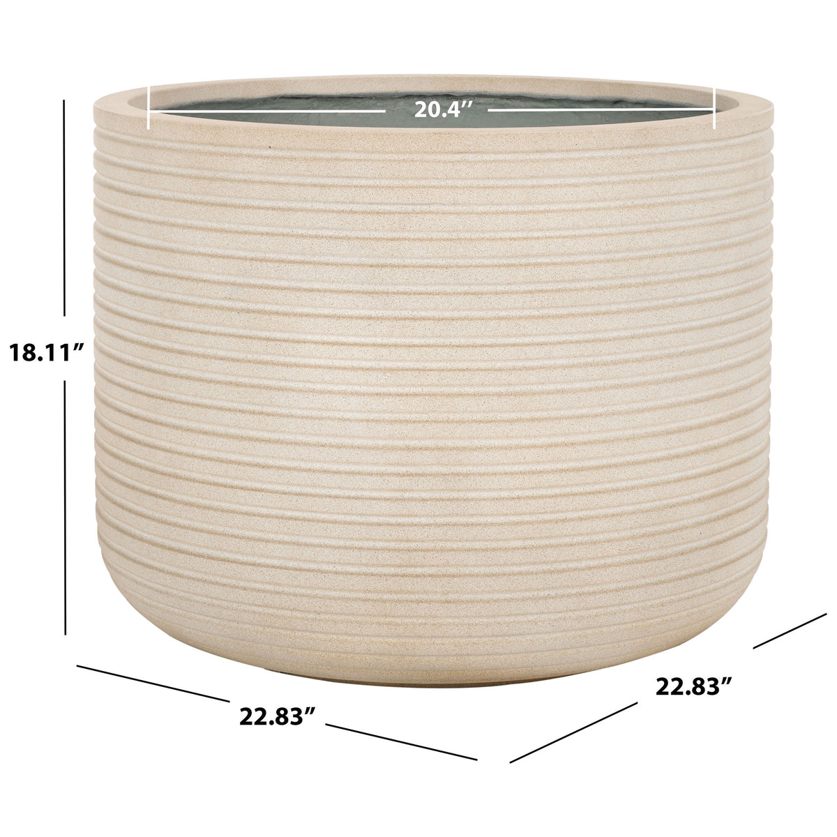 This beige ribbed planter measures 22.83 inches wide and 18.11 inches tall, with a 20.4-inch opening