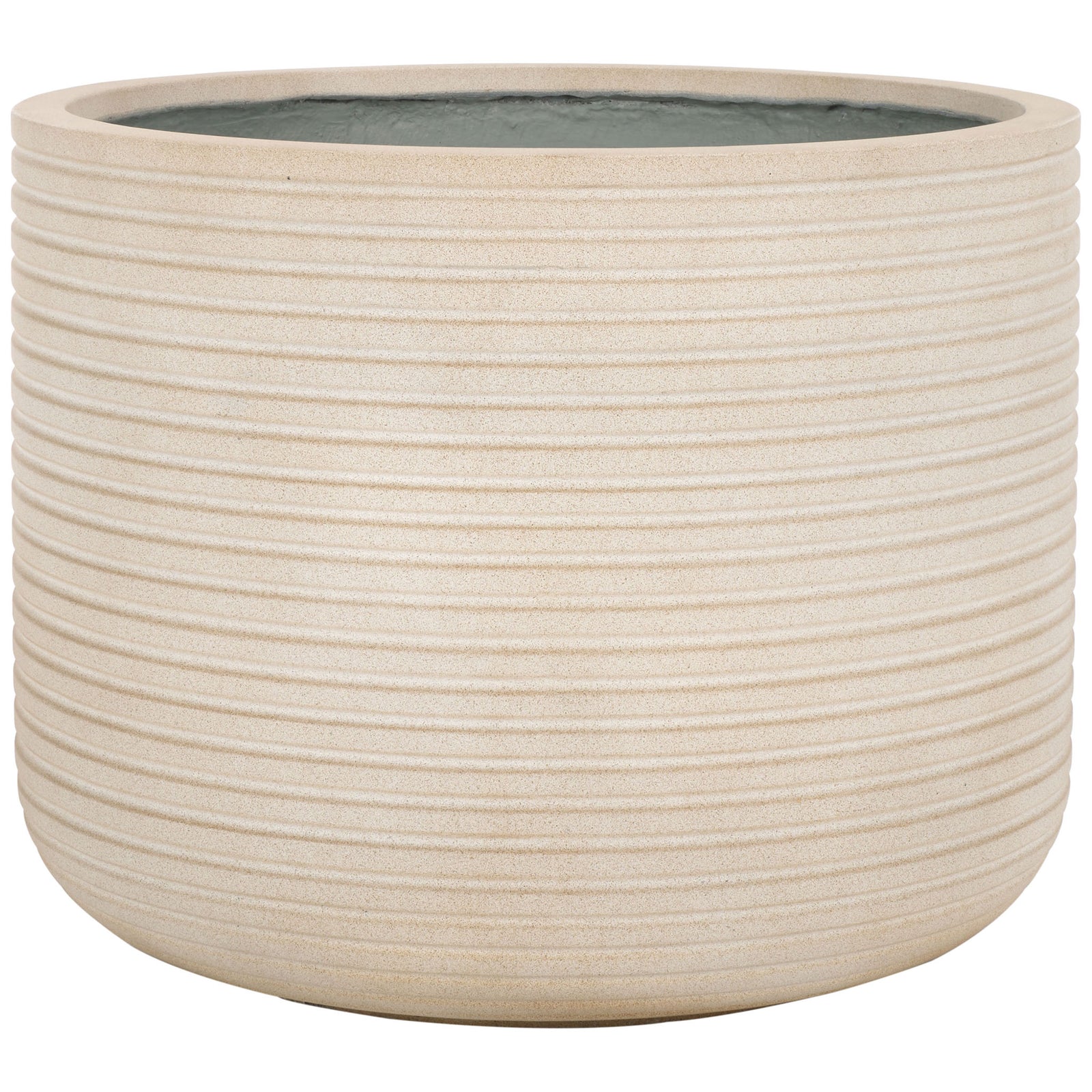 A roomy beige planter pairs a rounded base with horizontal ribbing and a wide circular rim || PAT1531B || front_studio