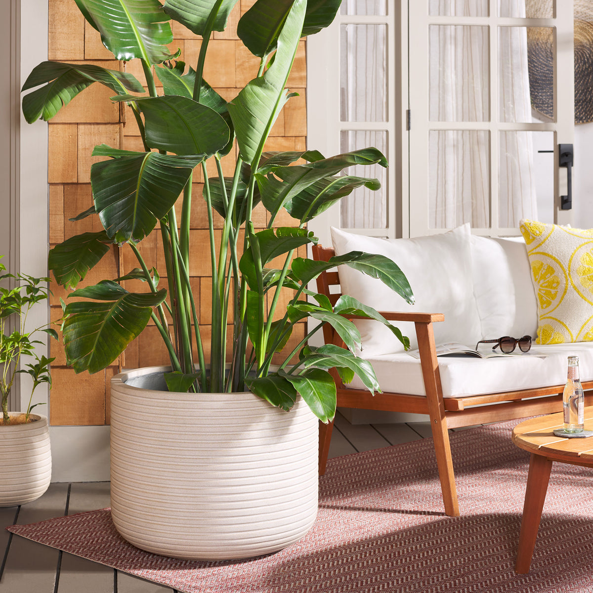 A large beige ribbed planter holds tall tropical greenery beside a cushioned outdoor chair