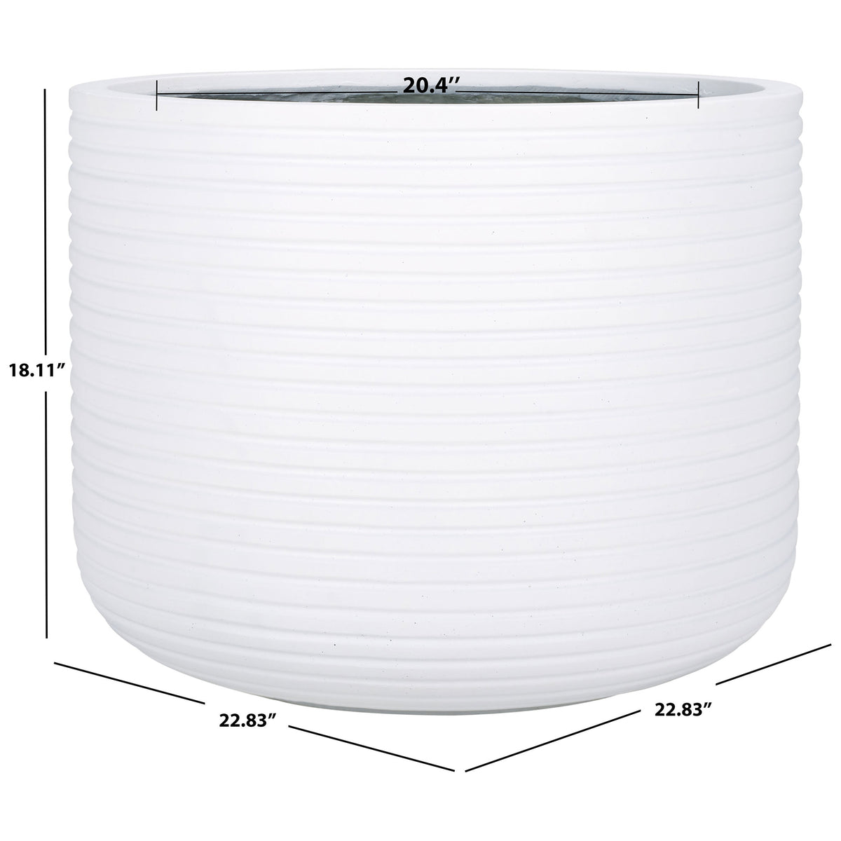 This white ribbed planter measures 22.83 inches wide and 18.11 inches tall, with a 20.4-inch opening || PAT1531C || dimension_studio