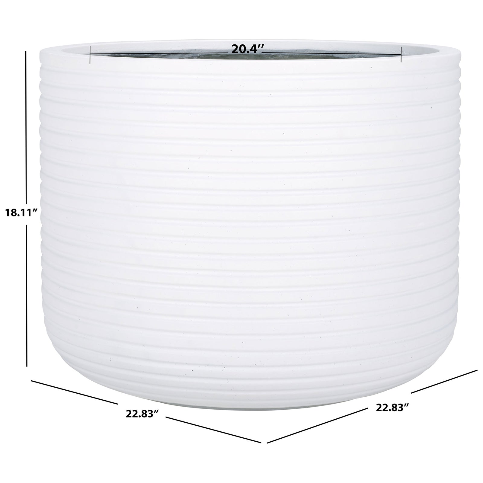 This white ribbed planter measures 22.83 inches wide and 18.11 inches tall, with a 20.4-inch opening || PAT1531C || dimension_studio