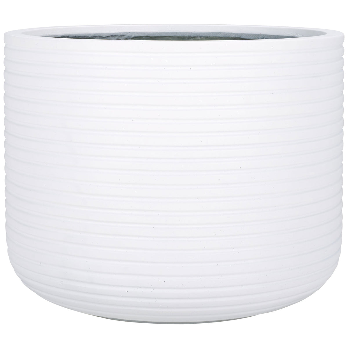 A large white planter pairs a wide open rim with refined horizontal ribs and a curved base || PAT1531C || front_studio