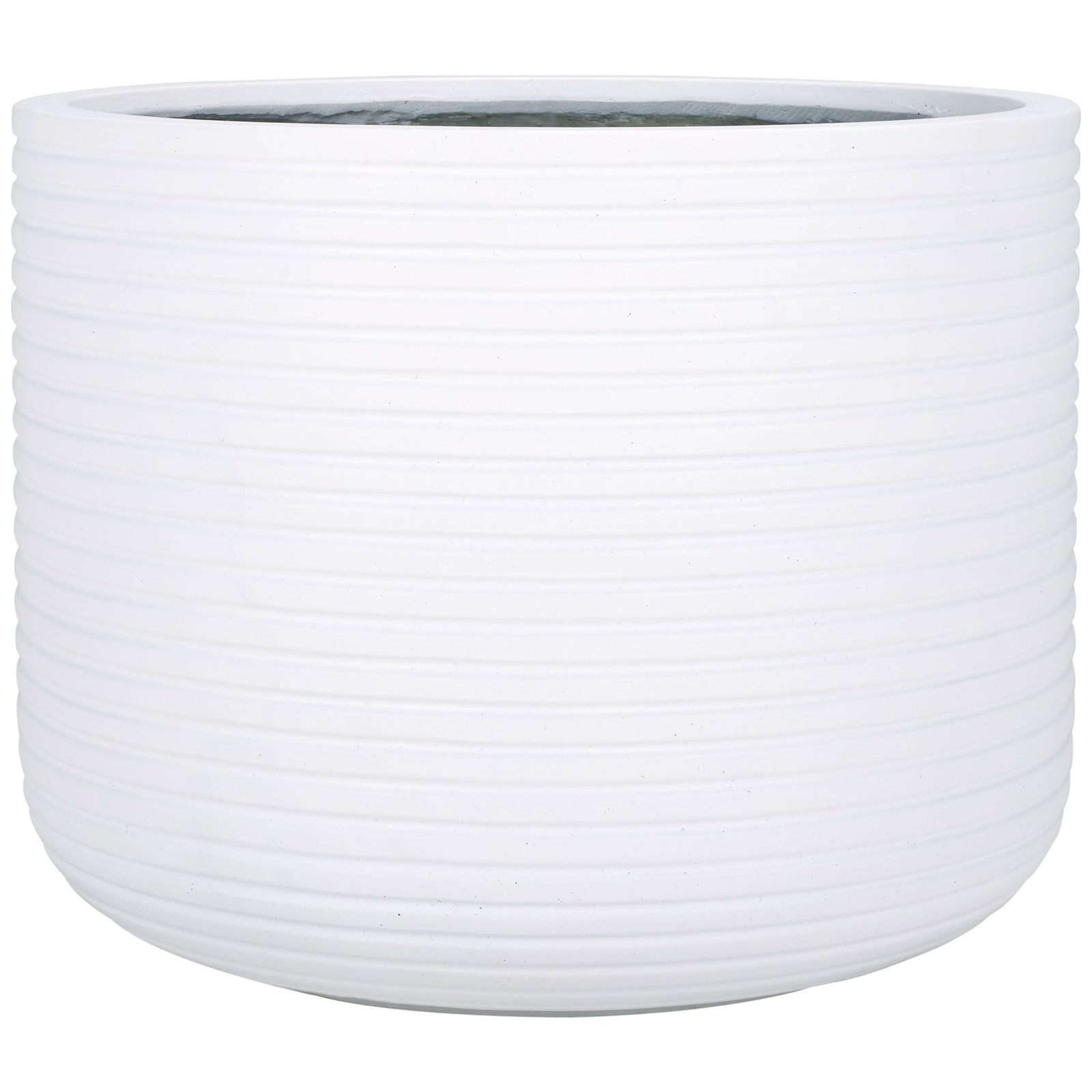 A large white planter pairs a wide open rim with refined horizontal ribs and a curved base || PAT1531C || front_studio