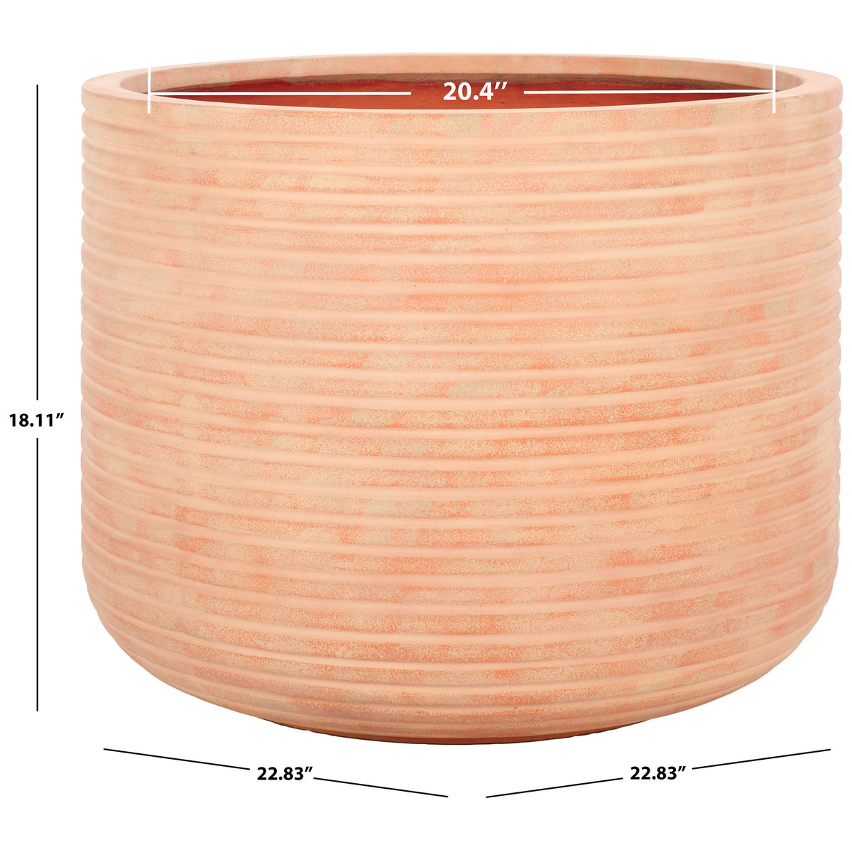 This terracotta ribbed planter measures 22.83 inches wide and 18.11 inches tall, with a 20.4-inch opening || PAT1531D || dimension_studio