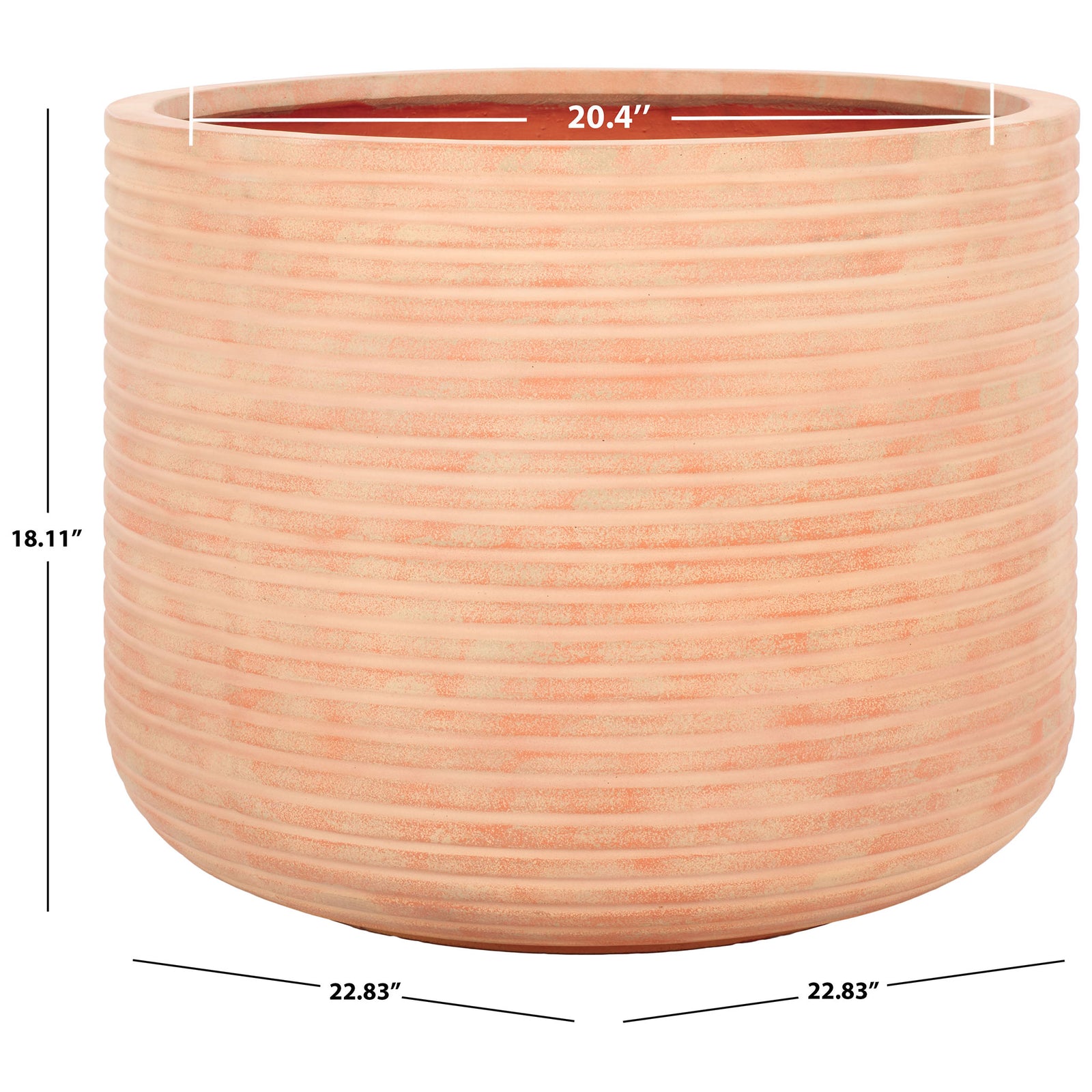 This terracotta ribbed planter measures 22.83 inches wide and 18.11 inches tall, with a 20.4-inch opening || PAT1531D || dimension_studio