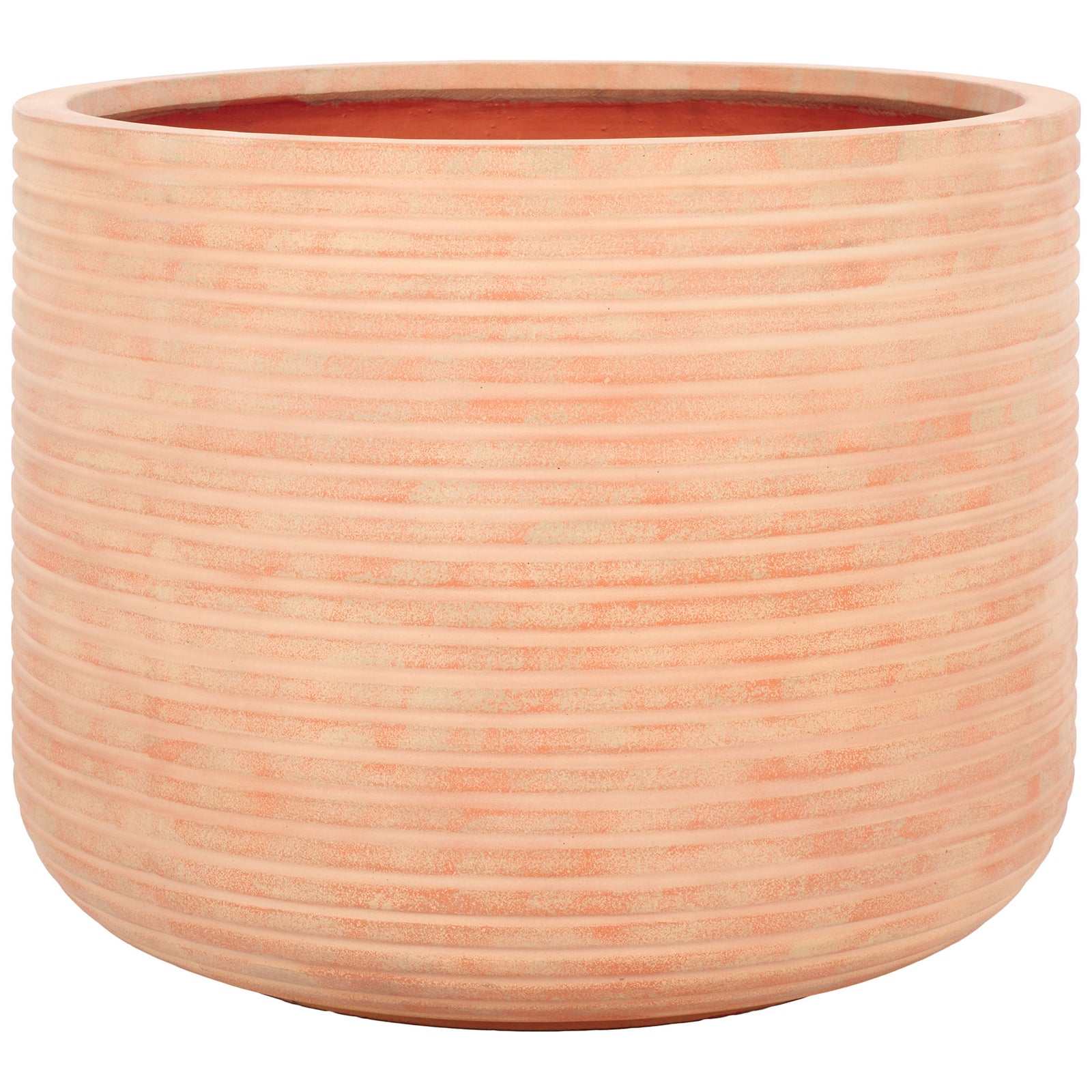A wide terracotta planter combines dense horizontal ribbing with a softly rounded base || PAT1531D || front_studio