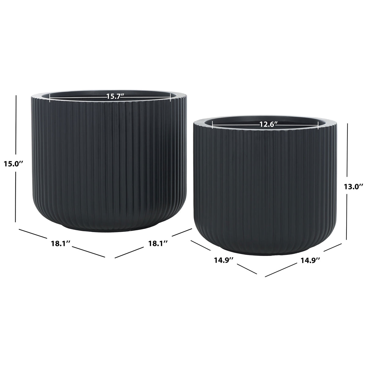 Black planters in 18.1- and 14.9-inch widths create a balanced two-size display. || PAT1532A-SET2 || dimension_studio