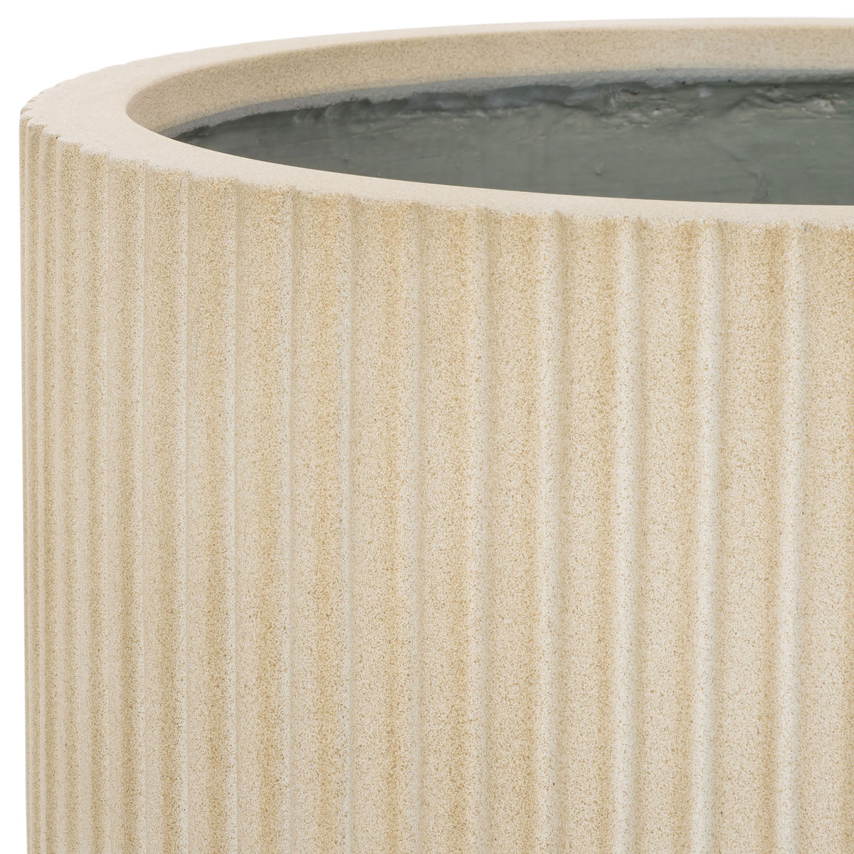 A thick beige rim crowns fine vertical fluting around the planter's deep gray interior. || PAT1532B-SET2 || detail_studio