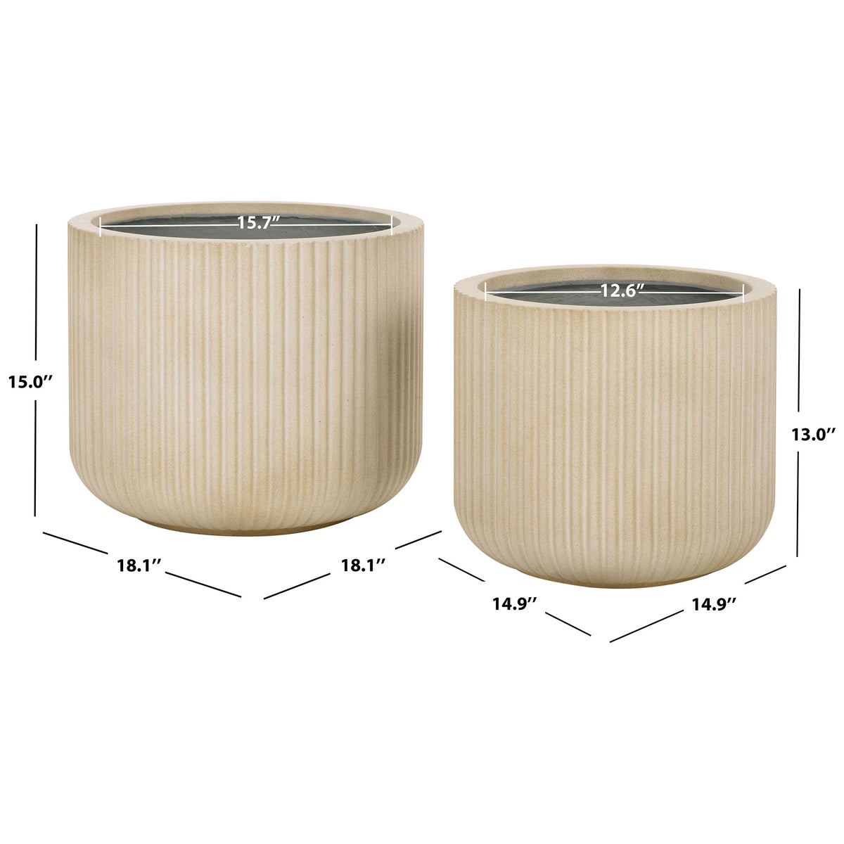 Beige planters in 18.1- and 14.9-inch widths offer a versatile two-size display.