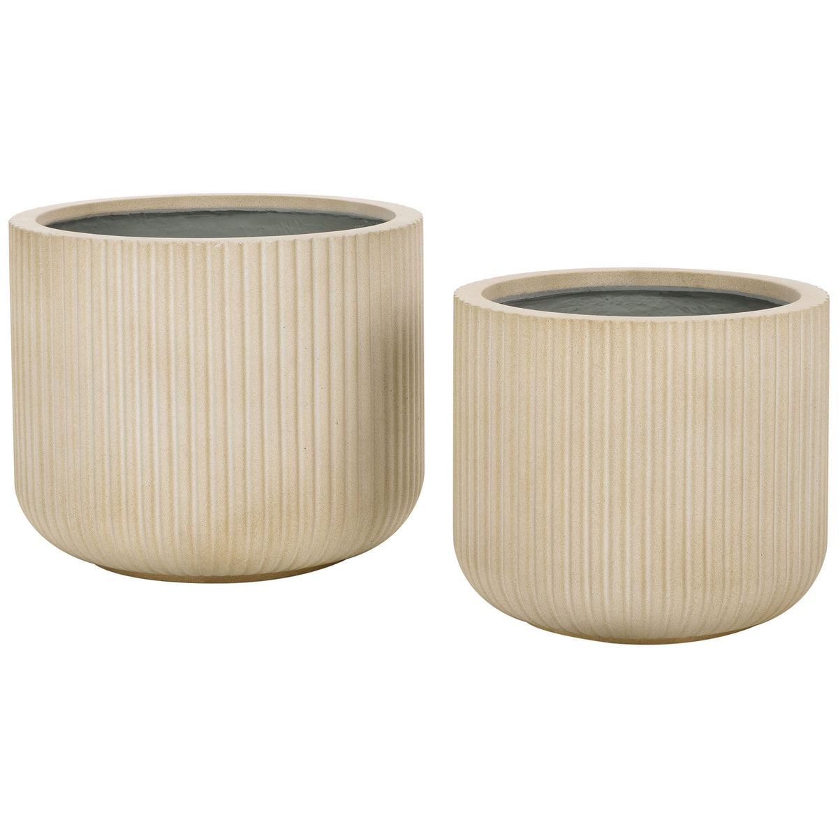 Two sandy beige planters pair a wider pot with a smaller companion, both finished in slender vertical ribs. || PAT1532B-SET2 || front_studio