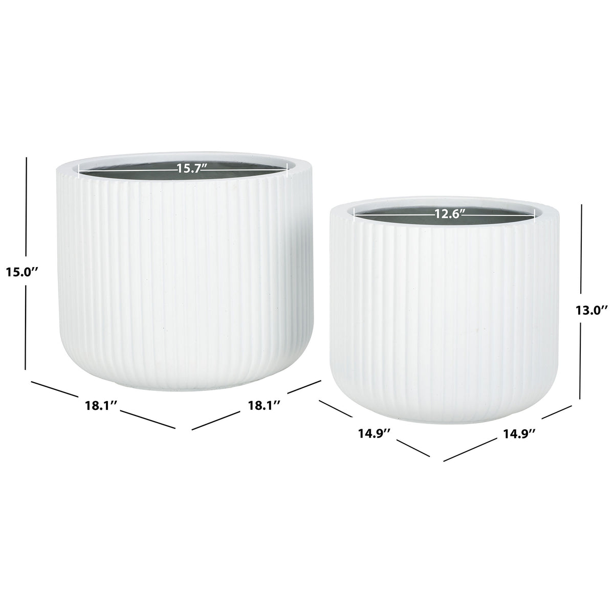 Two white fluted planters span 18.1 and 14.9 inches across for coordinated planting space. || PAT1532C-SET2 || dimension_studio