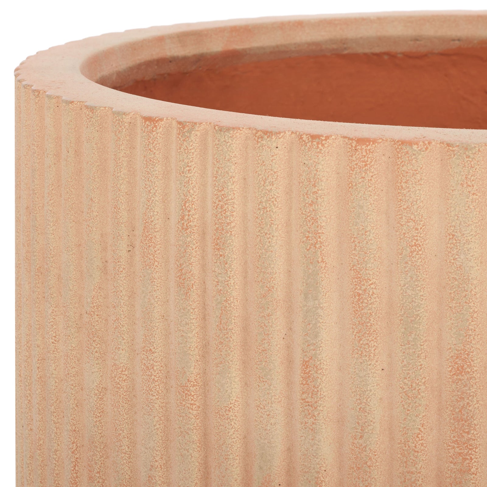 Soft terracotta tones and fine vertical fluting frame the planter's rust-colored interior. || PAT1532D-SET2 || detail_studio