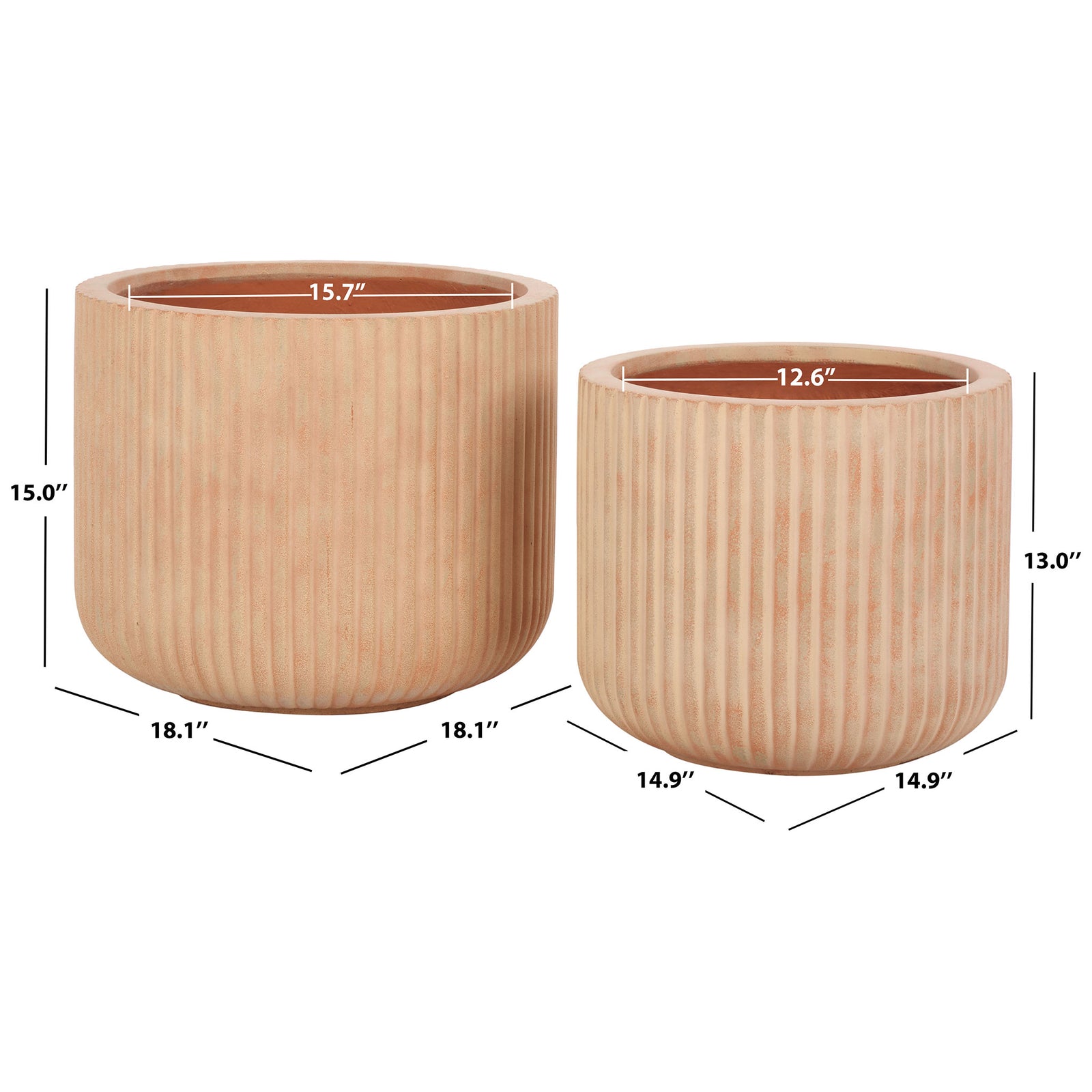 Two terracotta planters measure 18.1 and 14.9 inches across for a layered arrangement. || PAT1532D-SET2 || dimension_studio