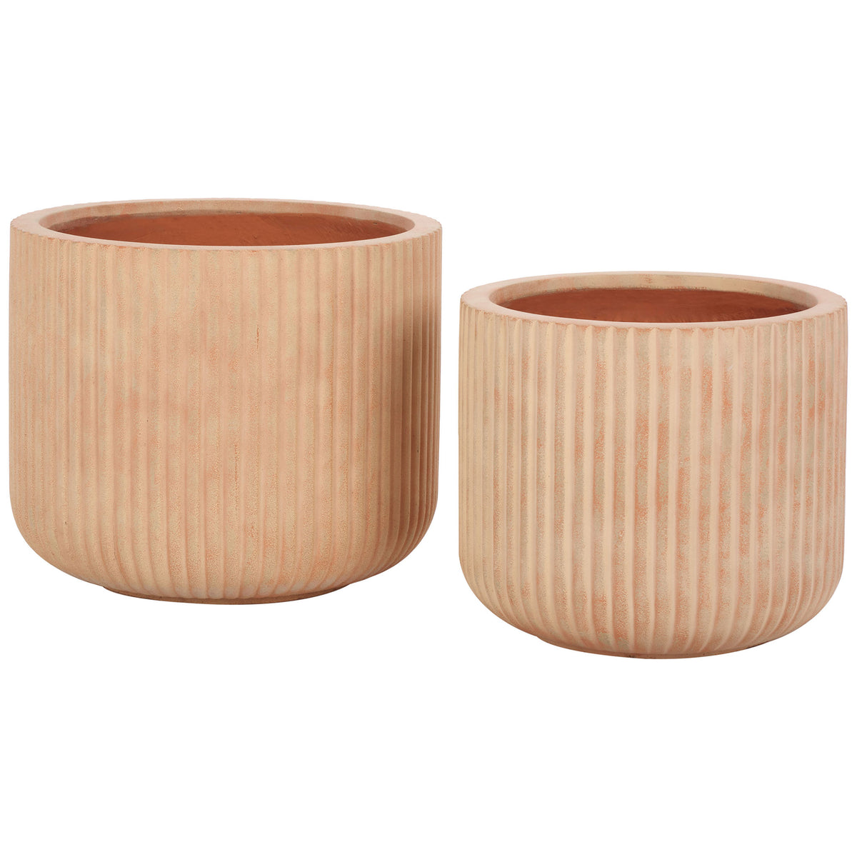 Terracotta planters in two sizes pair warm earthy color with slim ribs and rounded bases. || PAT1532D-SET2 || front_studio