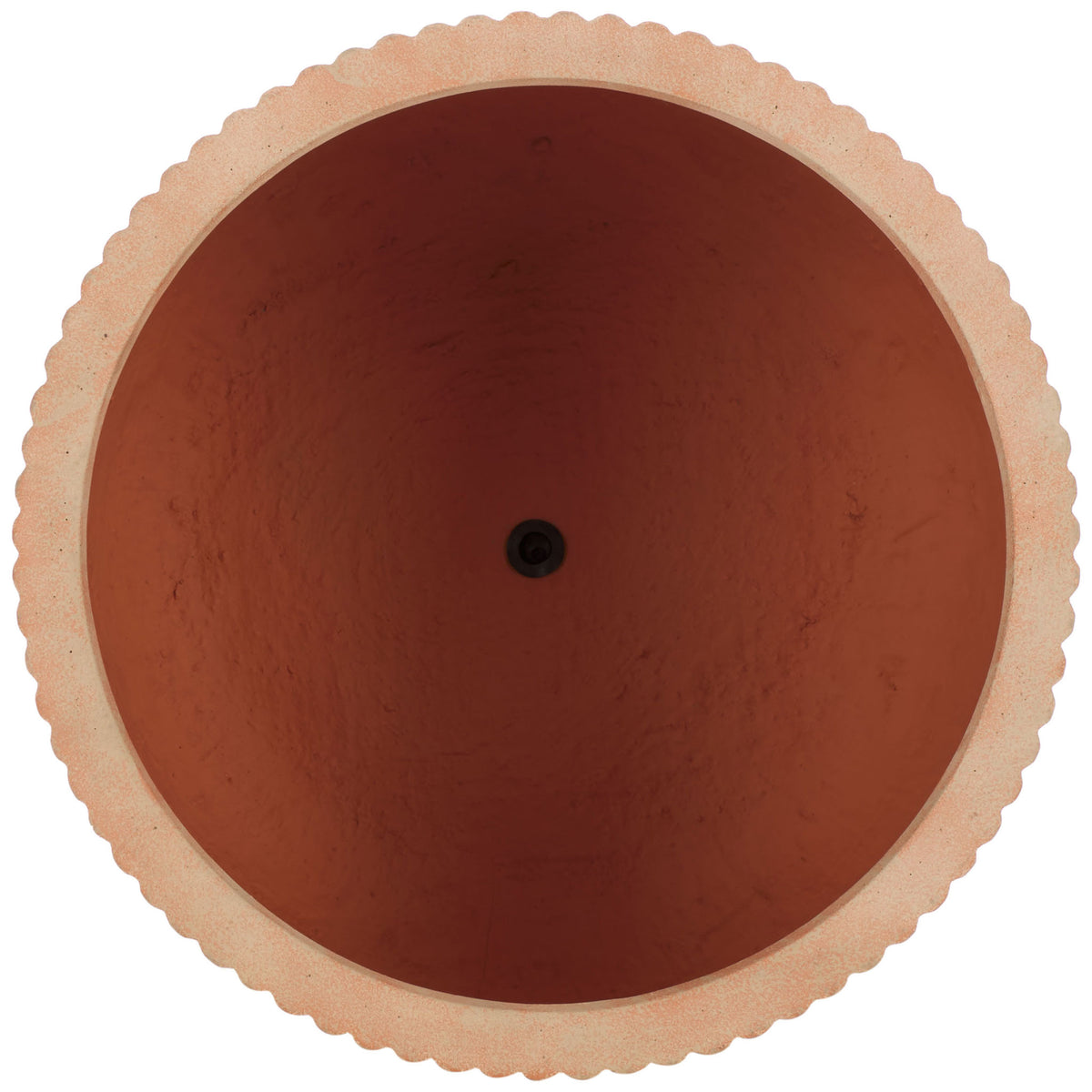 A gently scalloped rim circles the broad rust-colored interior and centered drain hole. || PAT1532D-SET2 || top_partial_studio