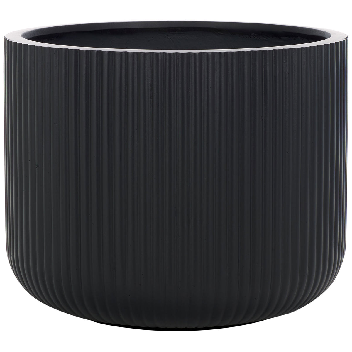 A large black planter pairs crisp vertical flutes with a wide opening and softly rounded base. || PAT1533A || front_studio