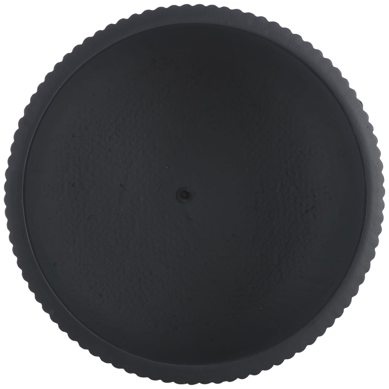 A gently scalloped black rim frames a broad, dark interior with a small central drain. || PAT1533A || top_studio