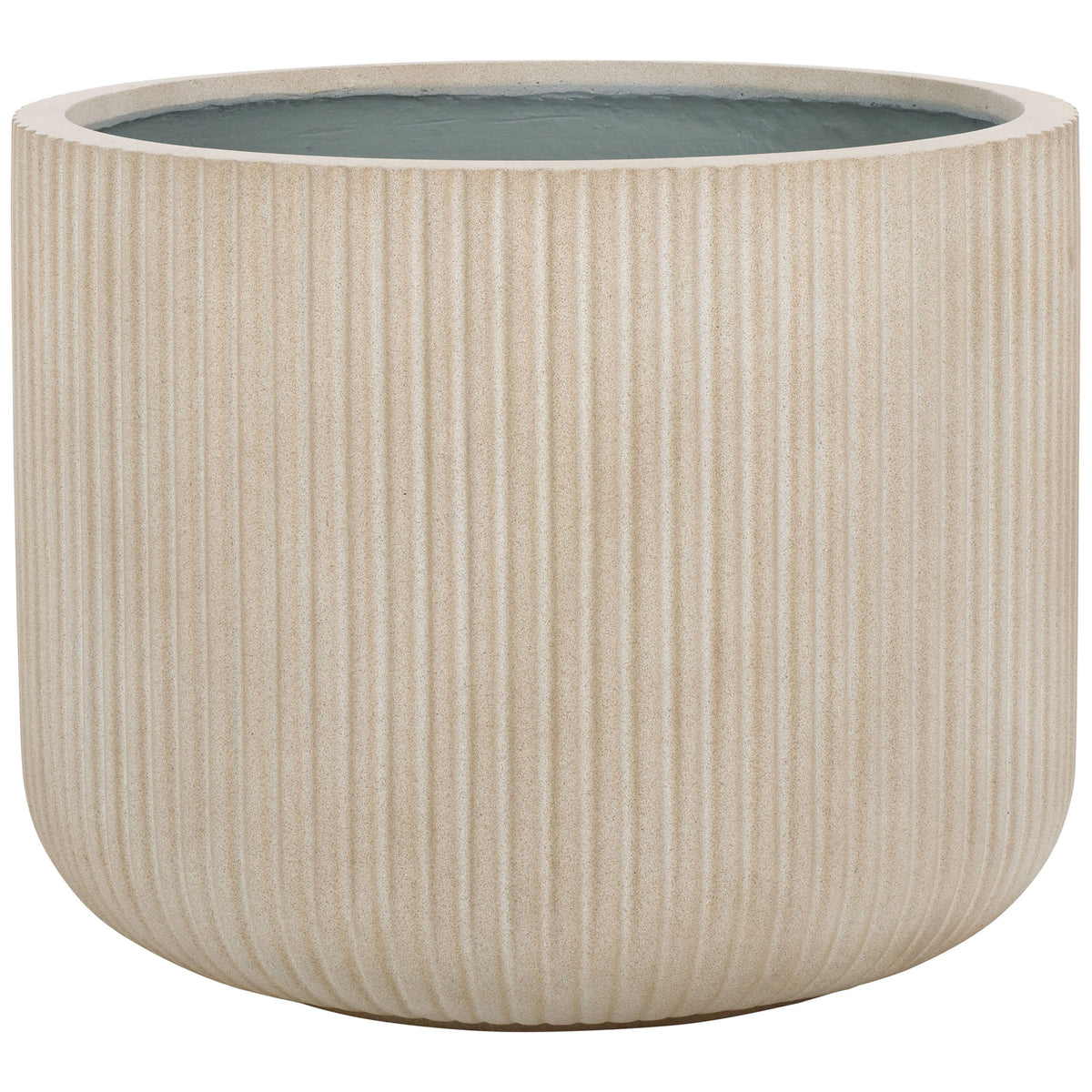 A generous beige planter features narrow vertical ridges and a deep, rounded bowl silhouette. || PAT1533B || front_studio