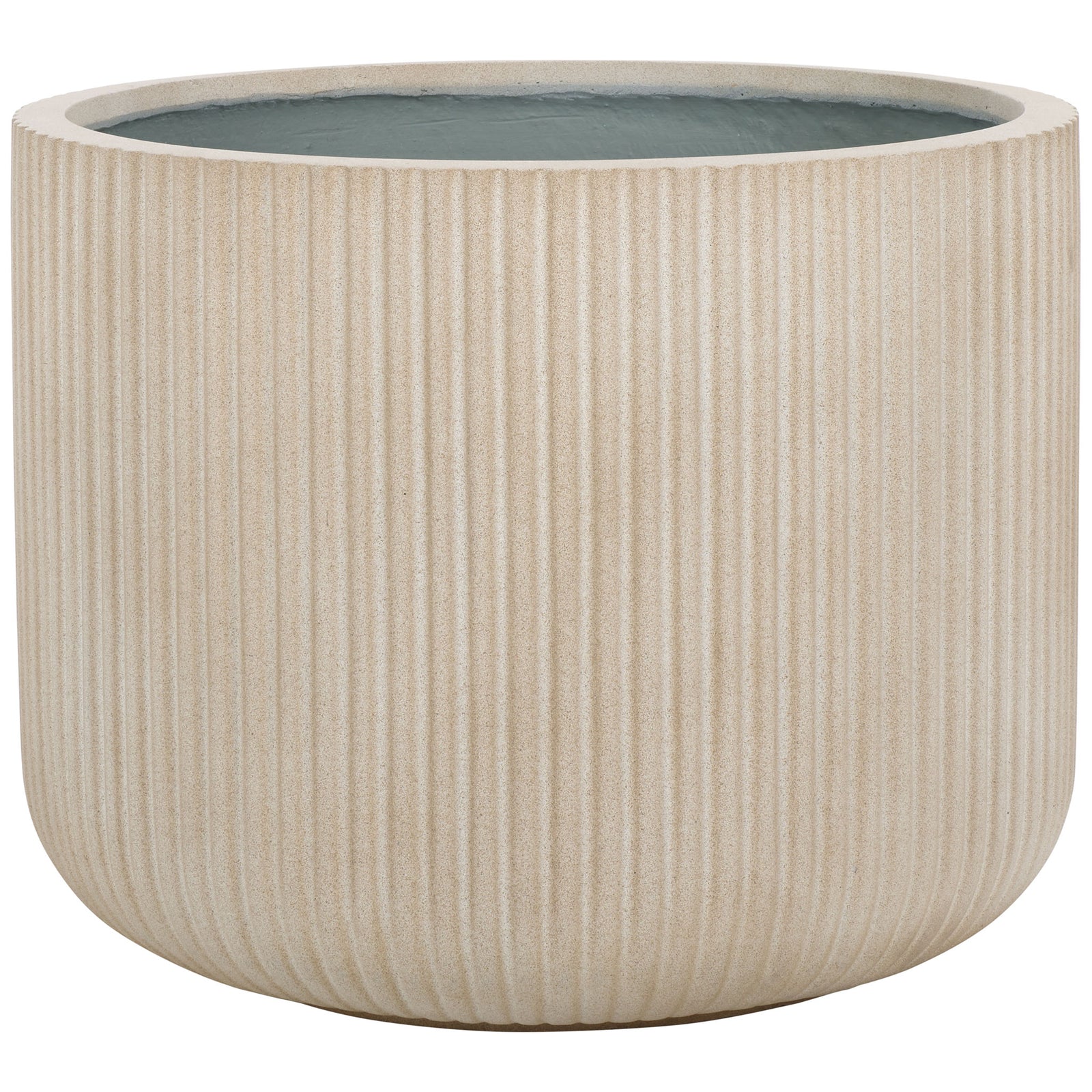 A generous beige planter features narrow vertical ridges and a deep, rounded bowl silhouette. || PAT1533B || front_studio