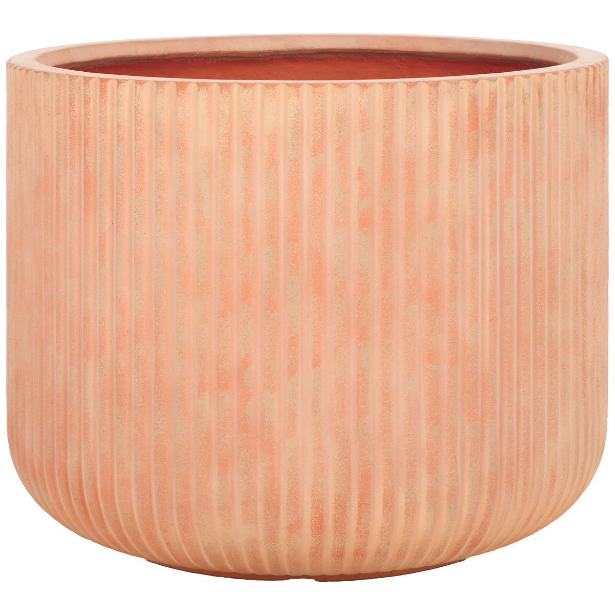 A wide terracotta planter showcases earthy peach tones, vertical flutes, and a curved base. || PAT1533D || front_studio