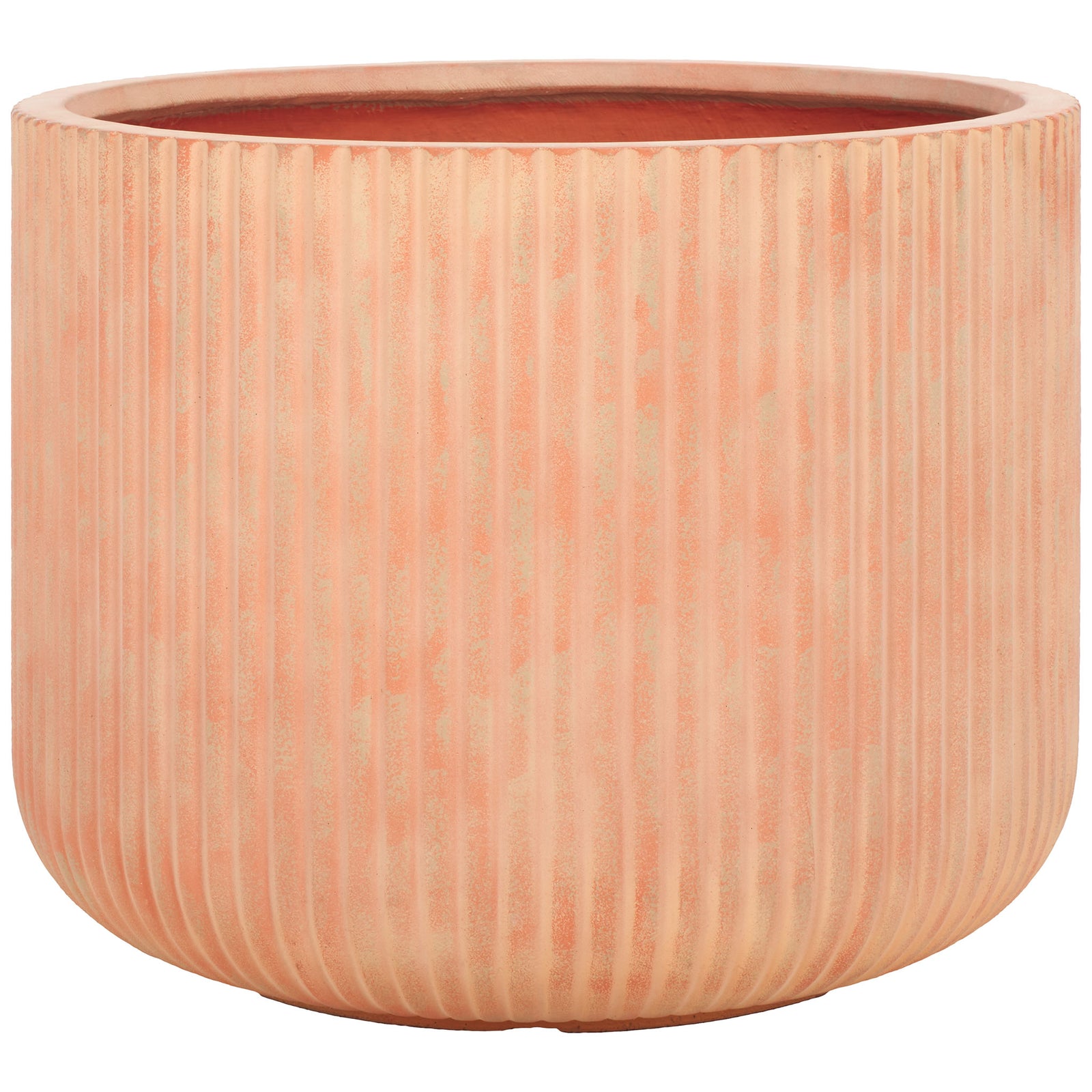 A wide terracotta planter showcases earthy peach tones, vertical flutes, and a curved base. || PAT1533D || front_studio