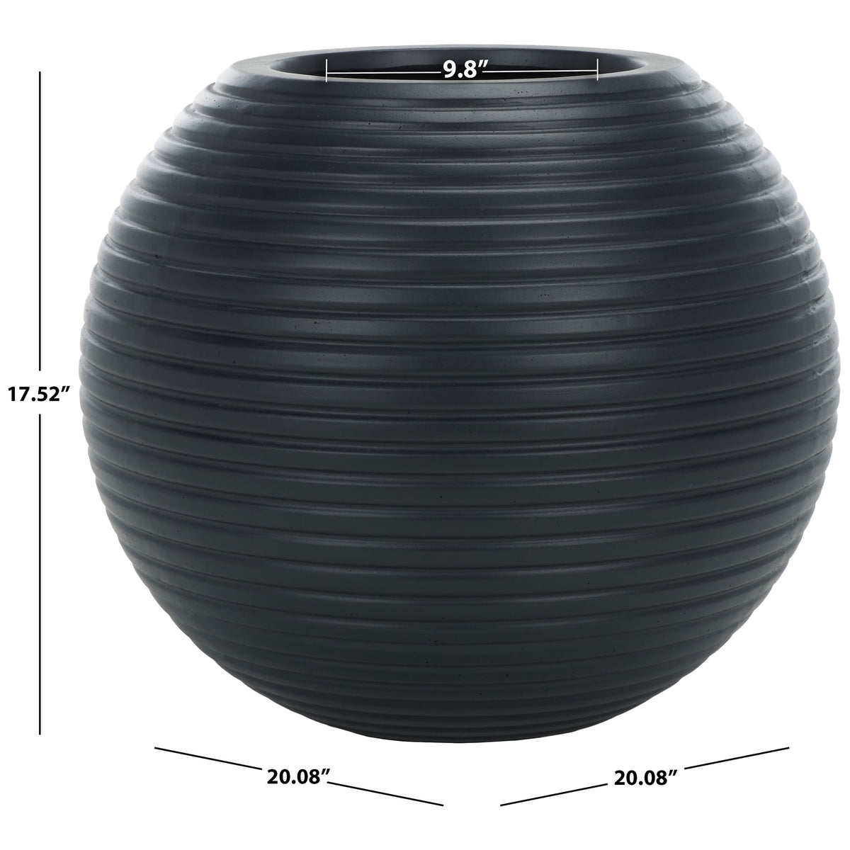 Black ribbed planter is 20.08 inches wide and 17.52 inches high, with a 9.8-inch opening. || PAT1534A || dimension_studio