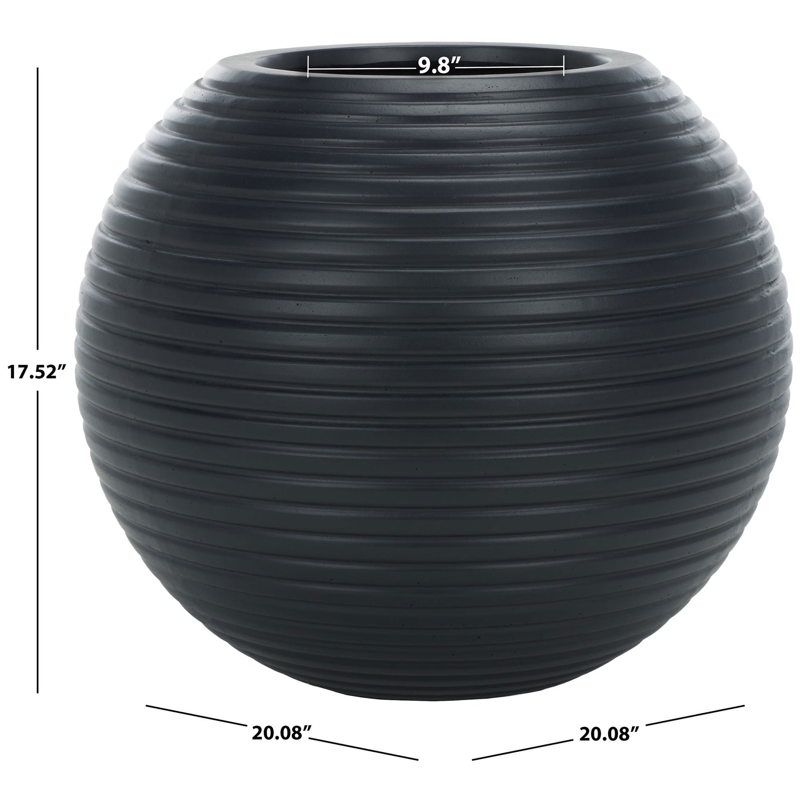 Black ribbed planter is 20.08 inches wide and 17.52 inches high, with a 9.8-inch opening. || PAT1534A || dimension_studio