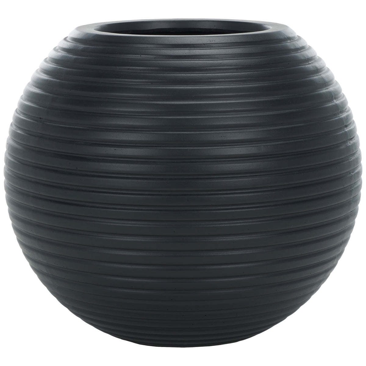 Black spherical planter features evenly spaced horizontal ridges and a round open top. || PAT1534A || front_studio