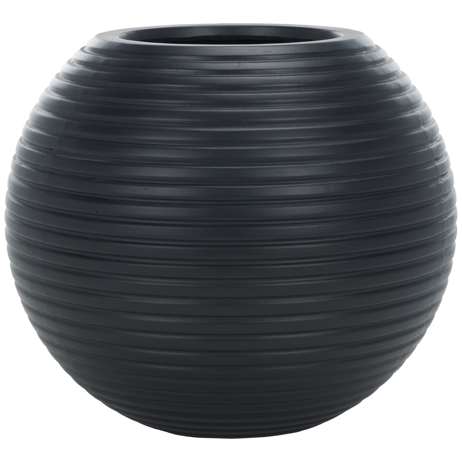 Black spherical planter features evenly spaced horizontal ridges and a round open top. || PAT1534A || front_studio