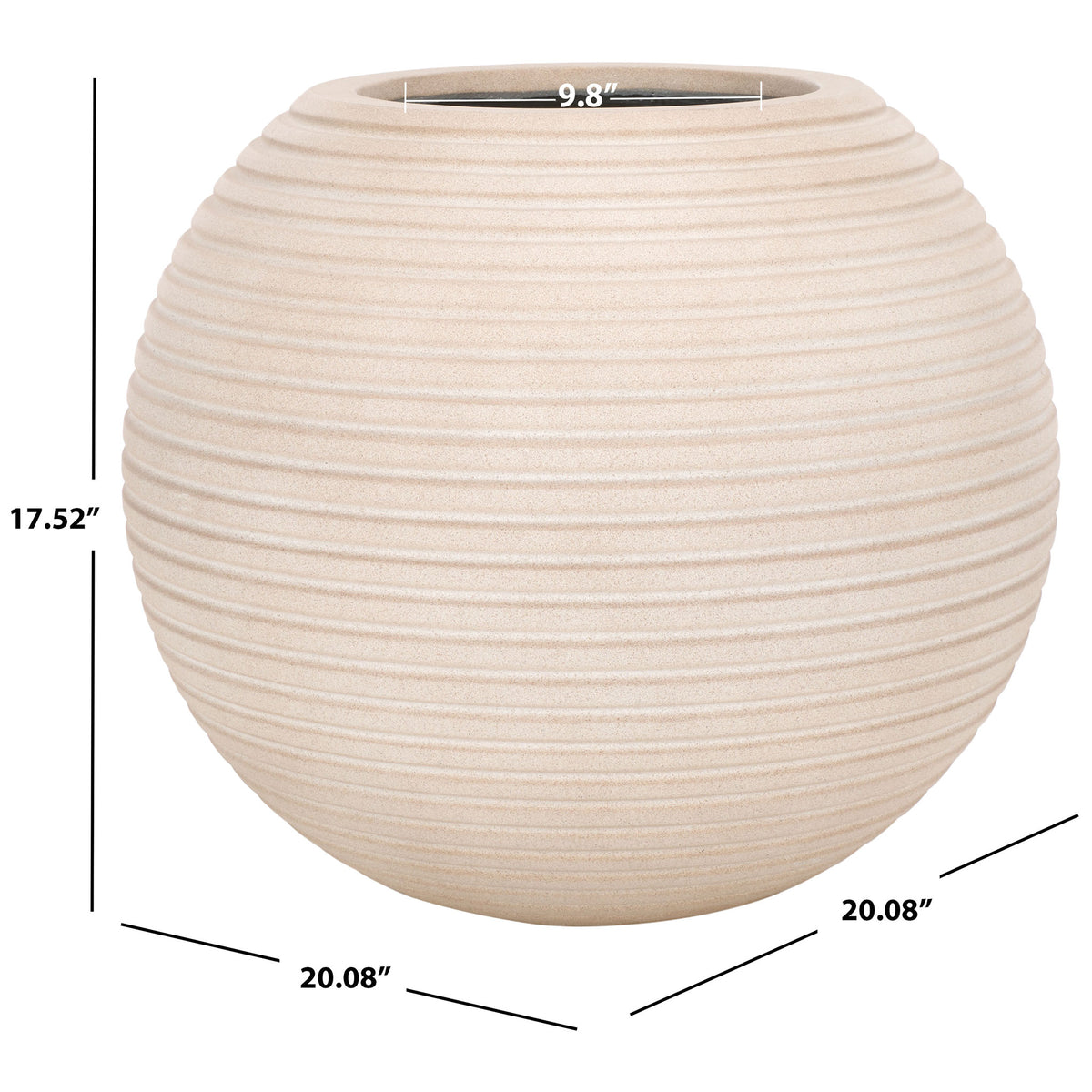 Beige ribbed planter measures 20.08 inches across and 17.52 inches high, with a 9.8-inch opening. || PAT1534B || dimension_studio