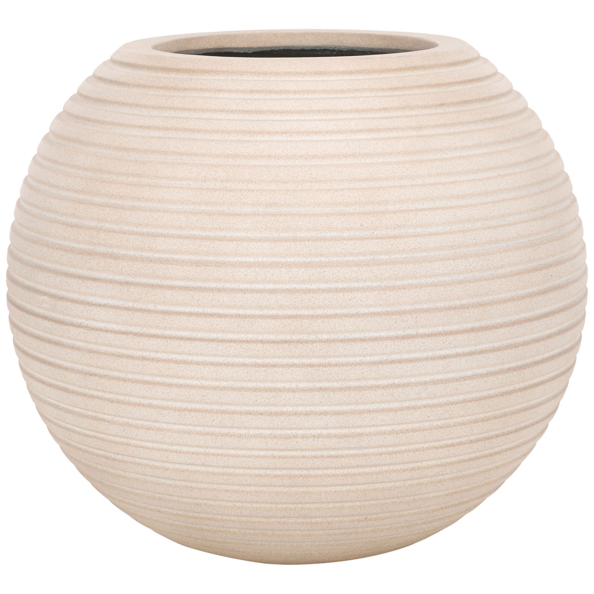 Rounded beige planter pairs a generous body with even horizontal ribbing. || PAT1534B || front_studio