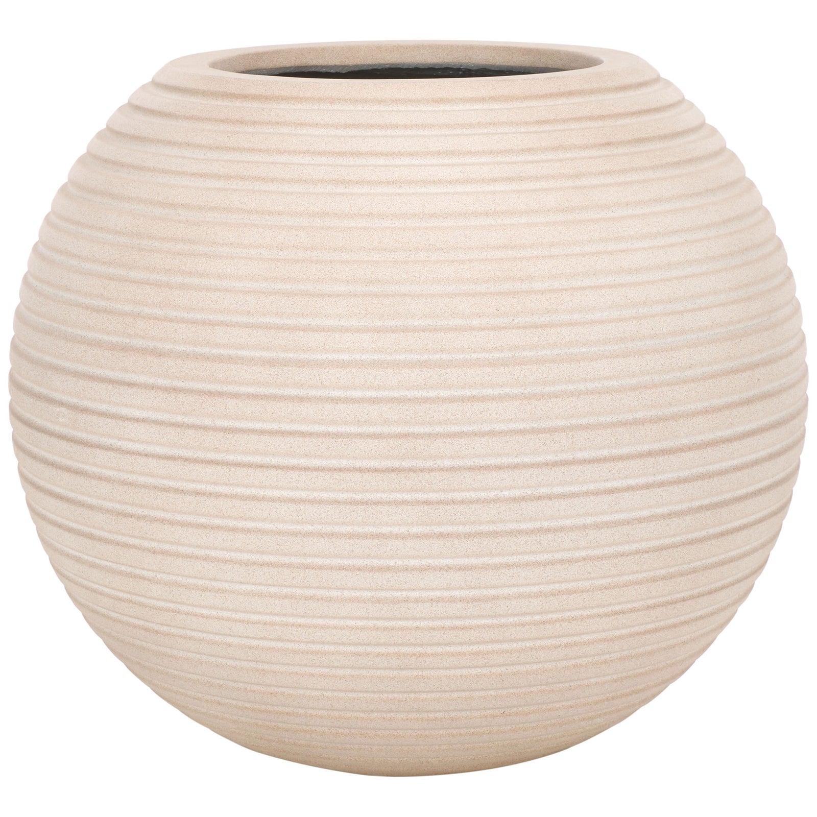 Rounded beige planter pairs a generous body with even horizontal ribbing. || PAT1534B || front_studio