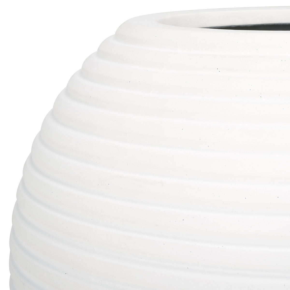 Smooth white ribbing meets a broad rounded rim on this spherical planter. || PAT1534C || detail_studio