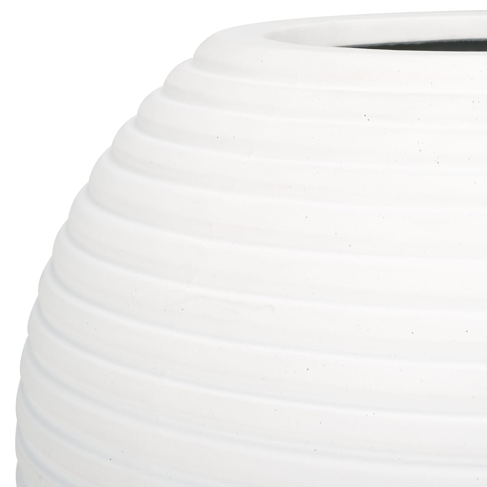 Smooth white ribbing meets a broad rounded rim on this spherical planter. || PAT1534C || detail_studio