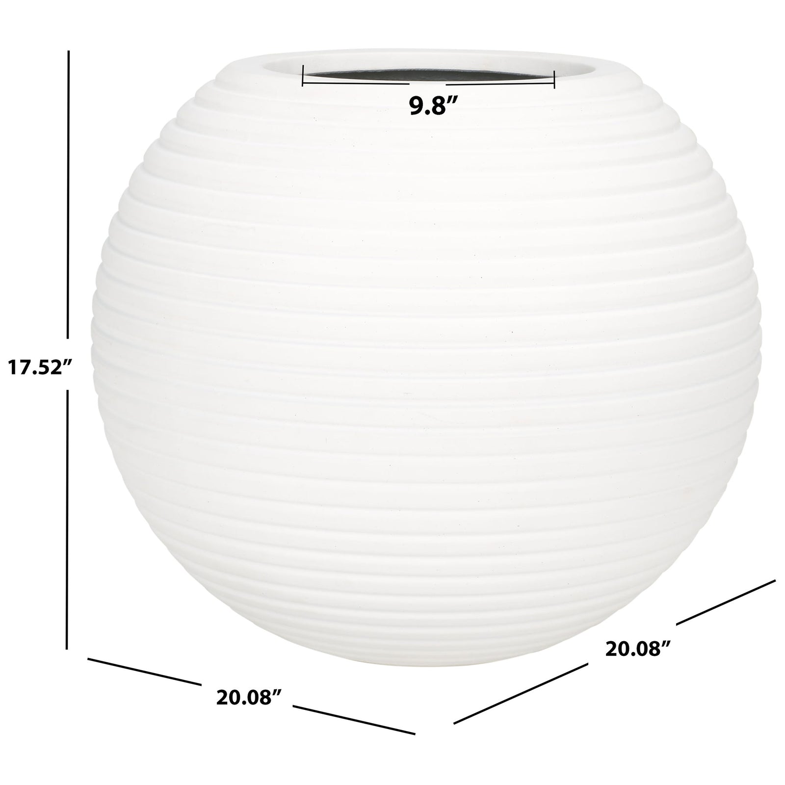 White ribbed planter is 20.08 inches in diameter and 17.52 inches tall, with a 9.8-inch opening. || PAT1534C || dimension_studio