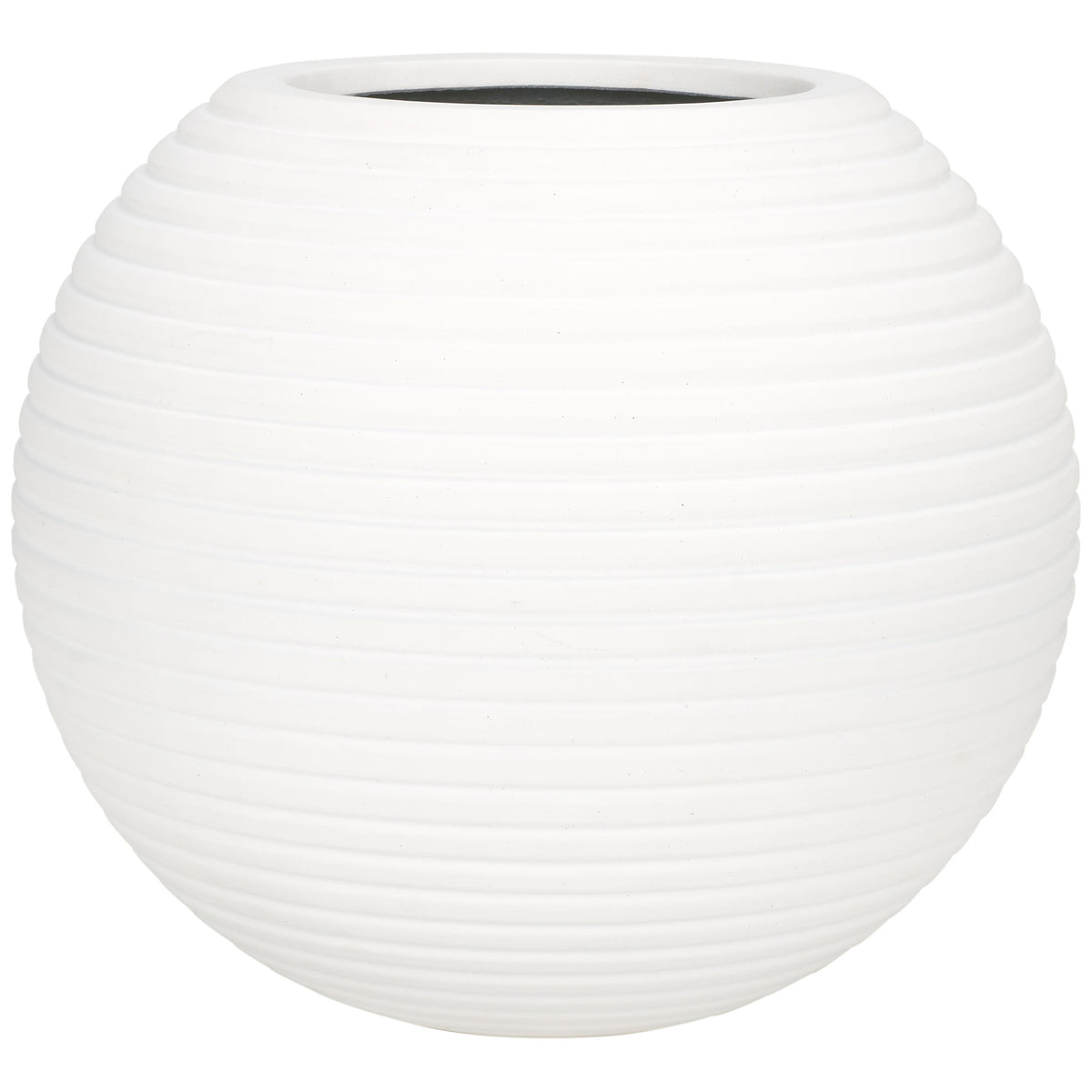 Clean white spherical planter combines a wide body with evenly layered horizontal ridges. || PAT1534C || front_studio