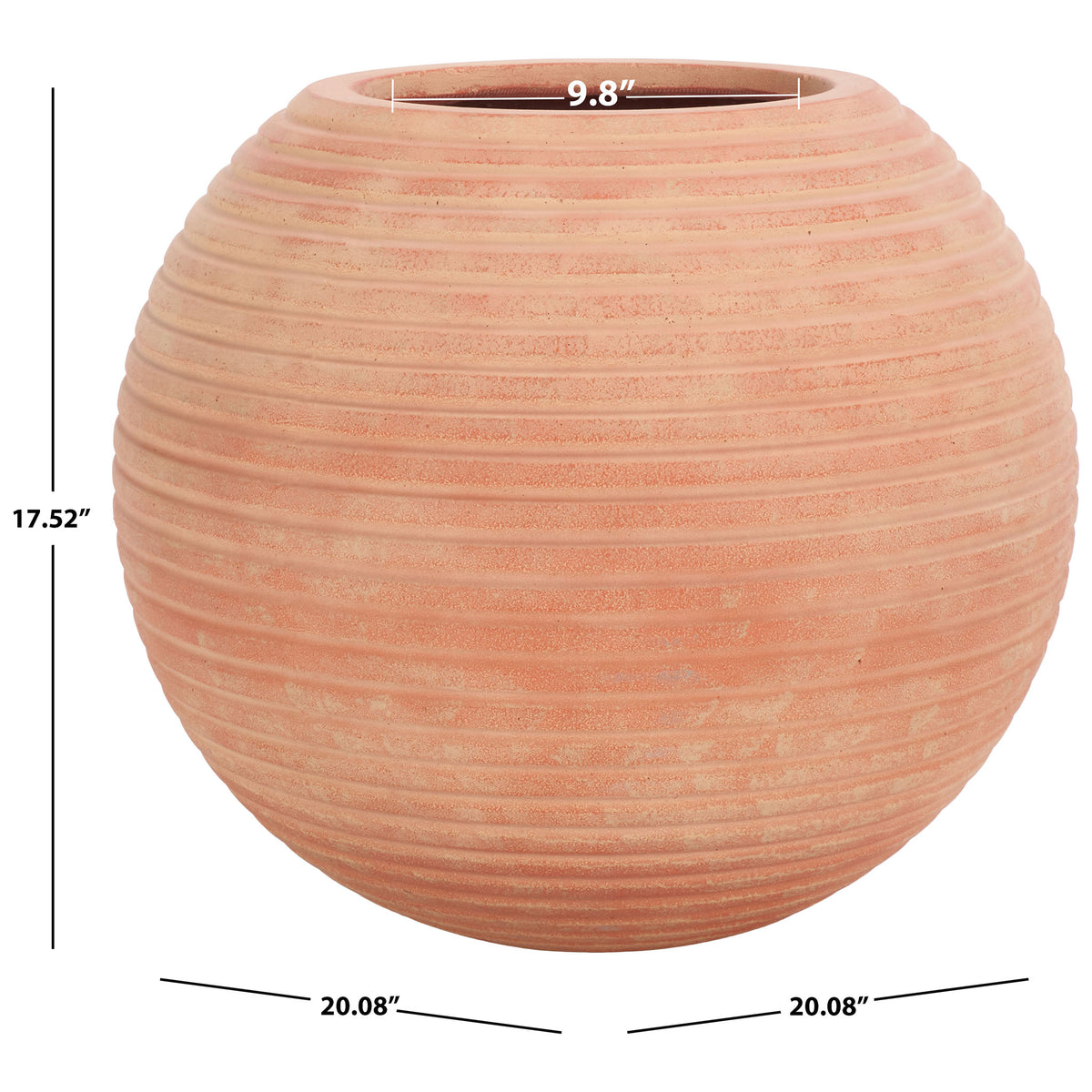 Terracotta planter measures 20.08 inches across and 17.52 inches high, with a 9.8-inch opening.