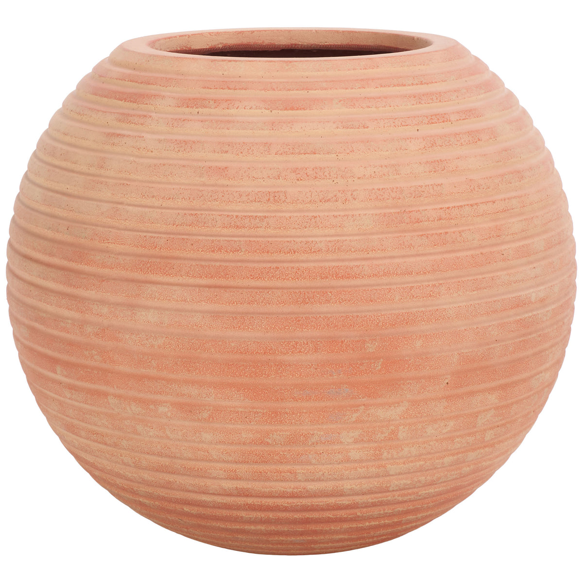Earthy terracotta planter brings warmth through closely spaced horizontal ribs and an open rim. || PAT1534D || front_studio