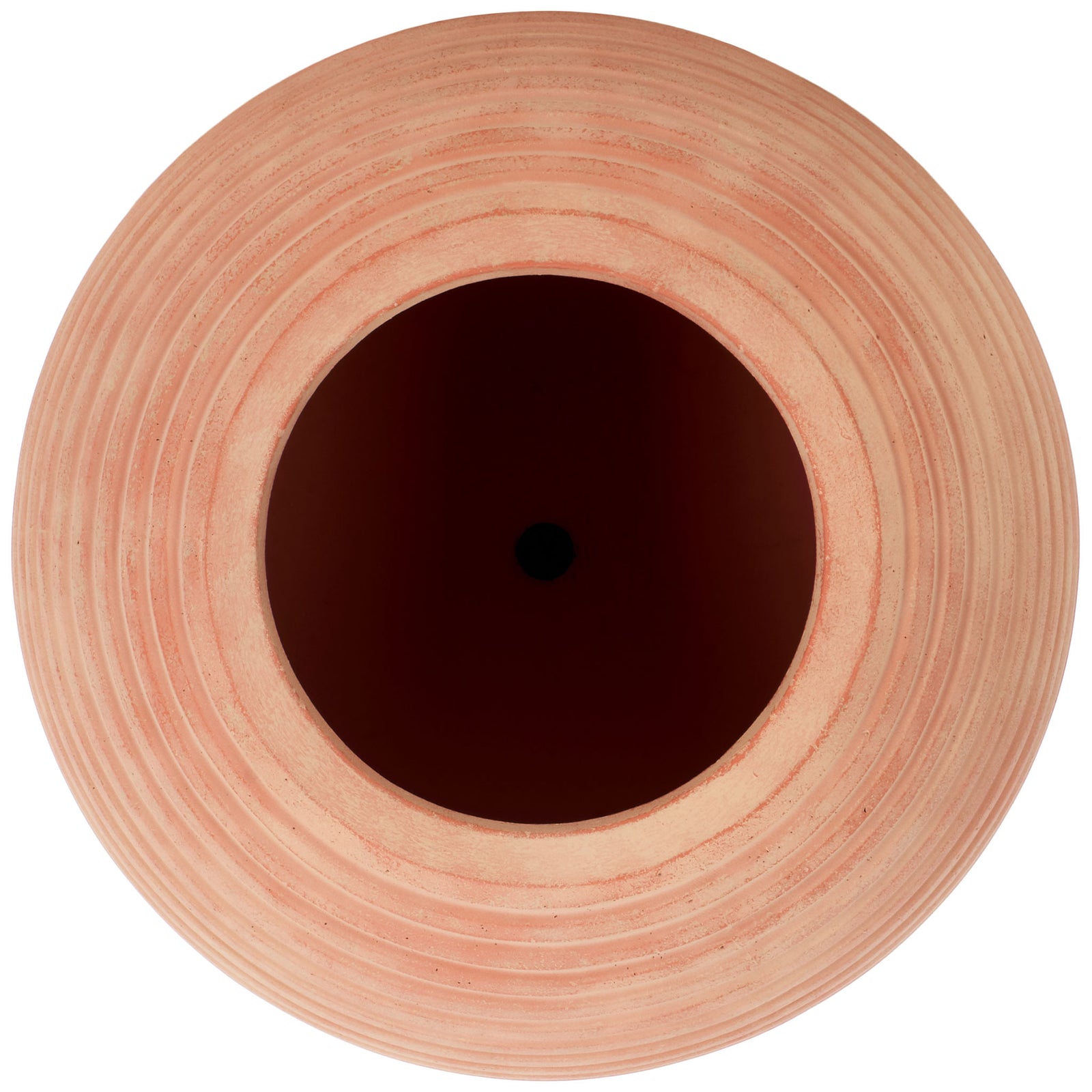 Concentric terracotta bands surround a deep planting cavity with a visible drainage hole. || PAT1534D || top_studio