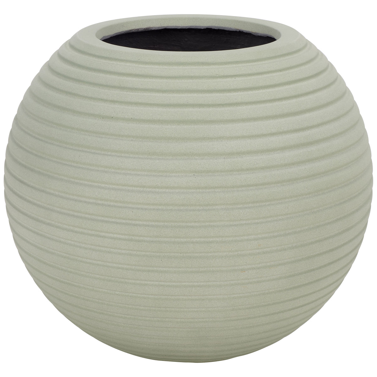Sage green spherical planter has a softly rounded silhouette and layered horizontal ribs. || PAT1534E || front_studio