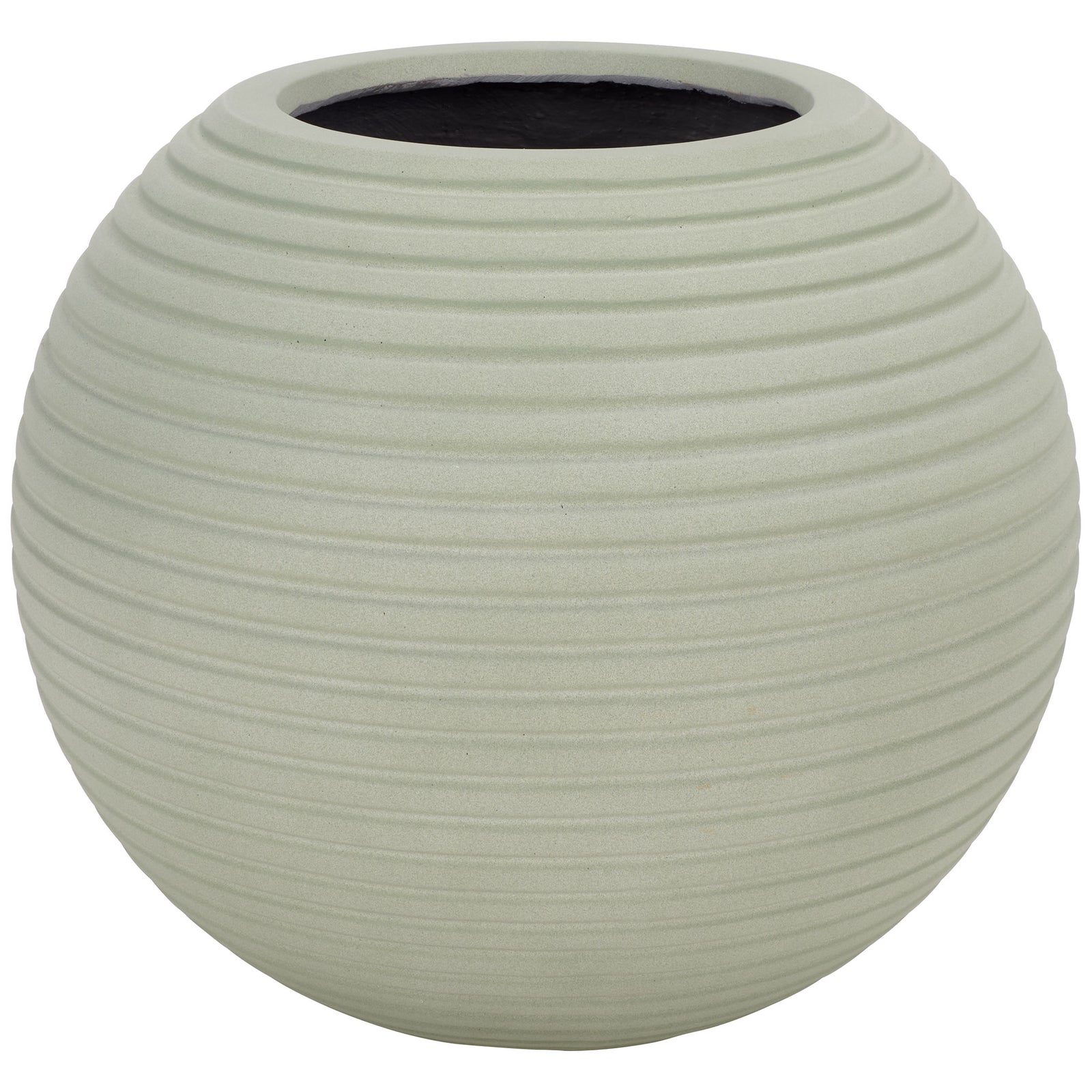 Sage green spherical planter has a softly rounded silhouette and layered horizontal ribs. || PAT1534E || front_studio
