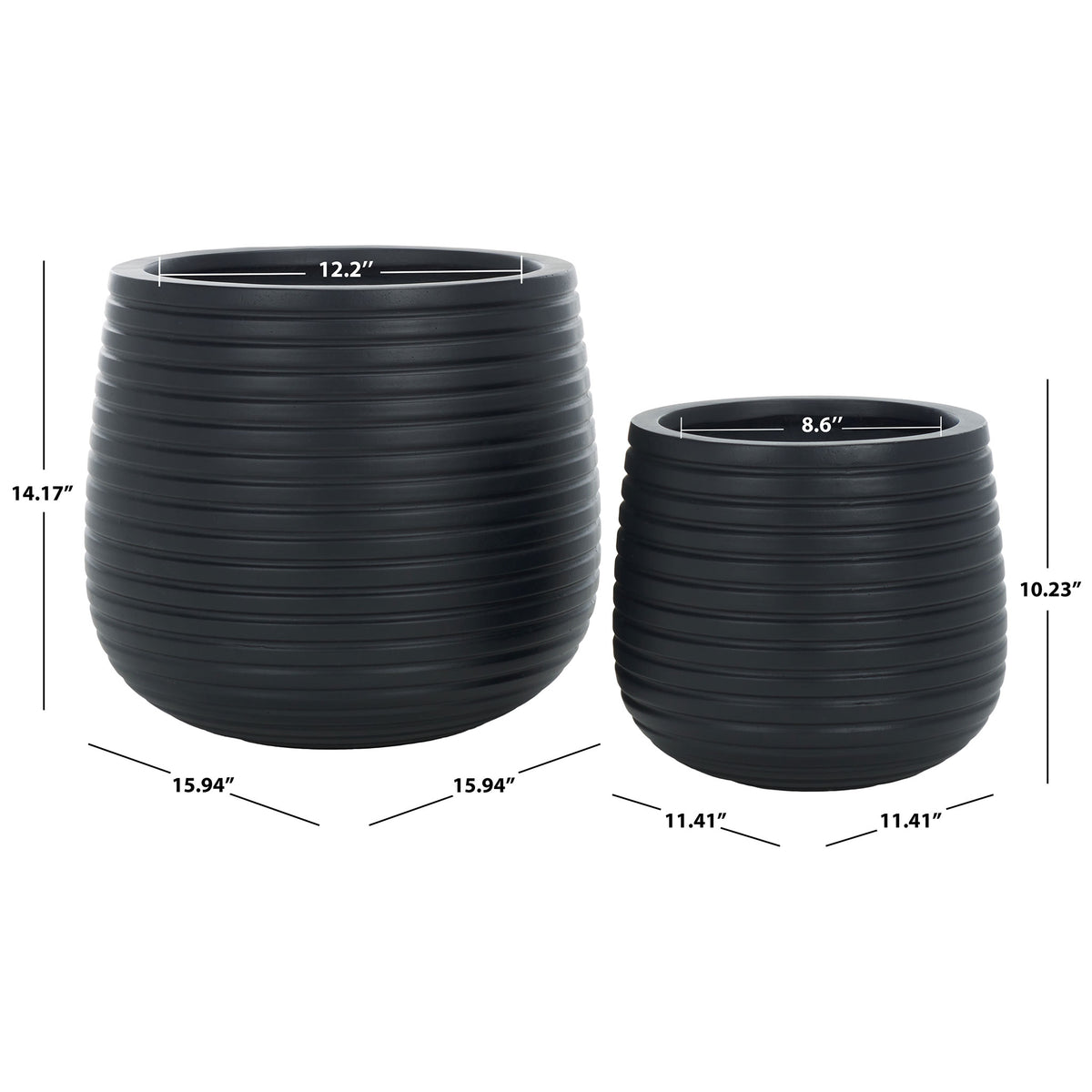 Large and small black planters have 12.2-inch and 8.6-inch openings || PAT1535A-SET2 || dimension_studio