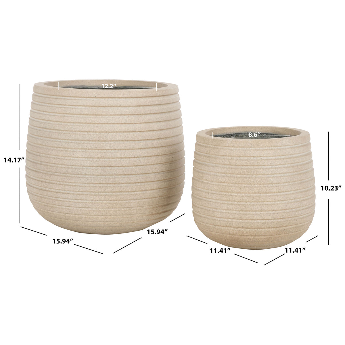 Two beige planters offer 12.2-inch and 8.6-inch openings || PAT1535B-SET2 || dimension_studio