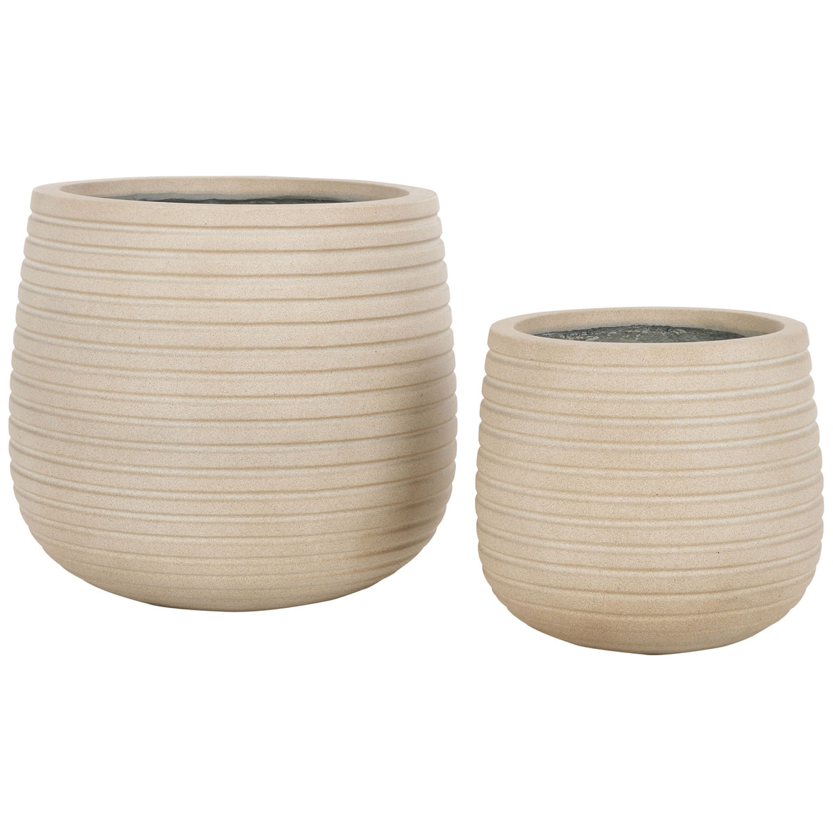 Two beige planters in graduated sizes feature rounded silhouettes and allover ribbing || PAT1535B-SET2 || front_studio