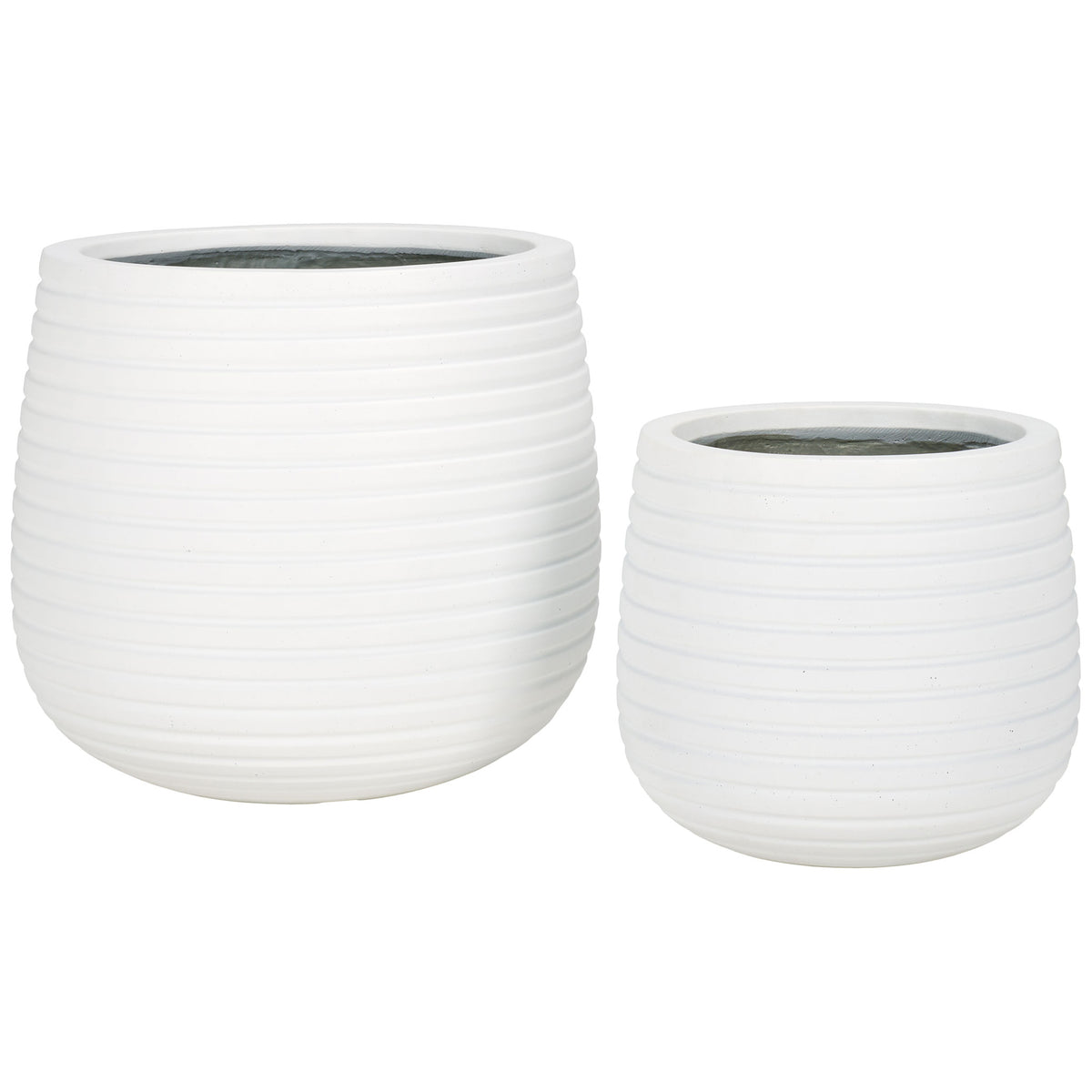 A pair of white planters combines graduated sizes, round shapes, and allover ribbing || PAT1535C-SET2 || front_studio