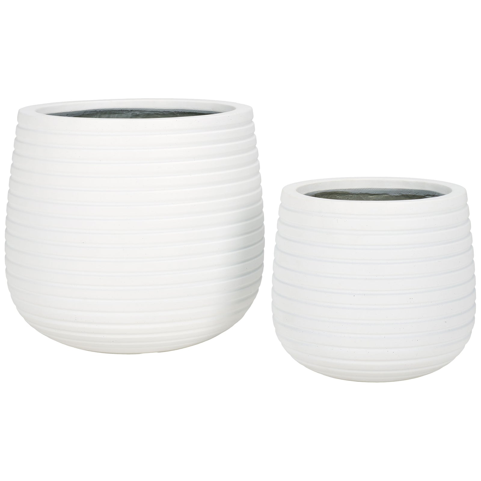 A pair of white planters combines graduated sizes, round shapes, and allover ribbing || PAT1535C-SET2 || front_studio